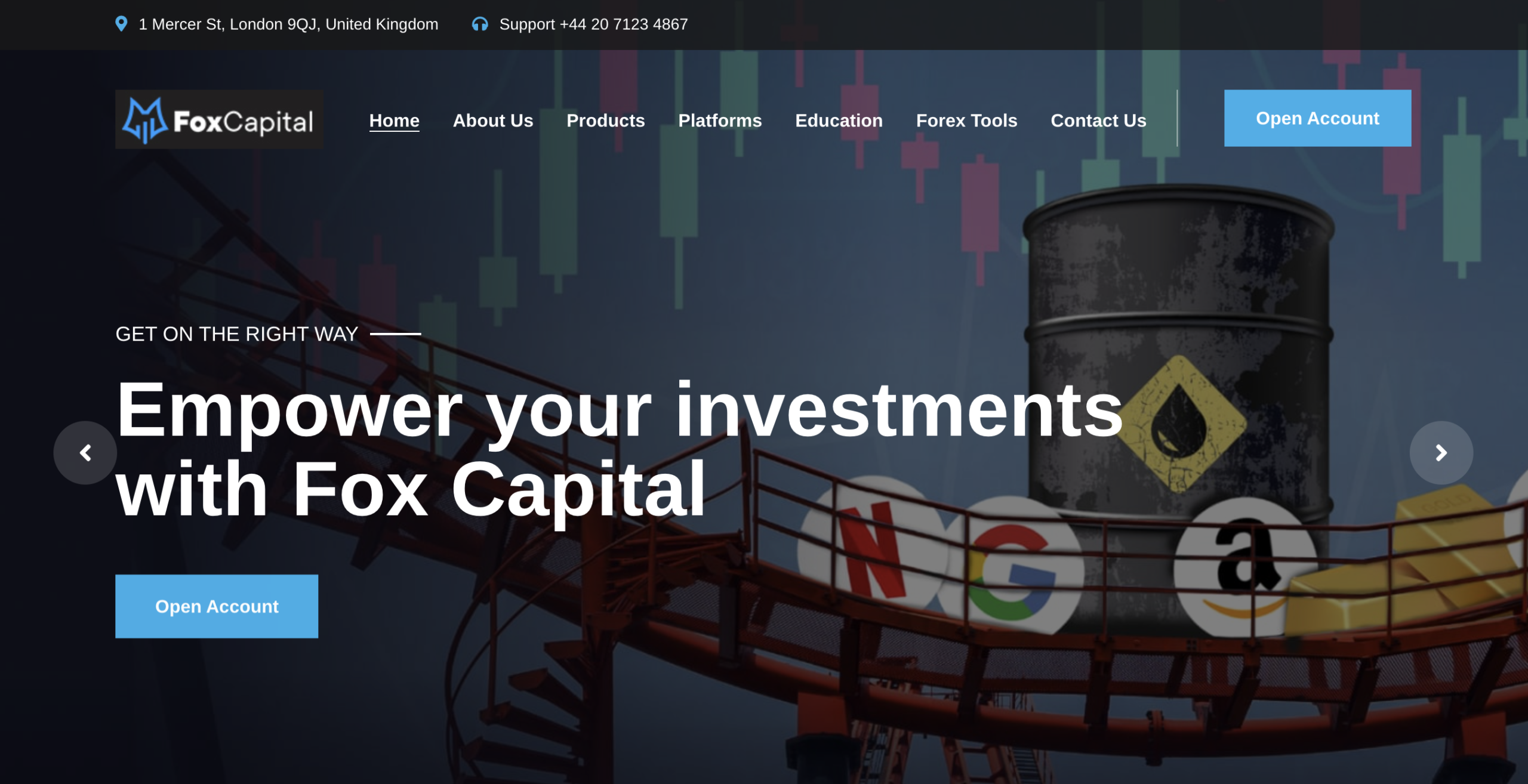 Fox Capital website homepage - A screenshot of the Fox Capital homepage showcasing its interface and promotional banners.