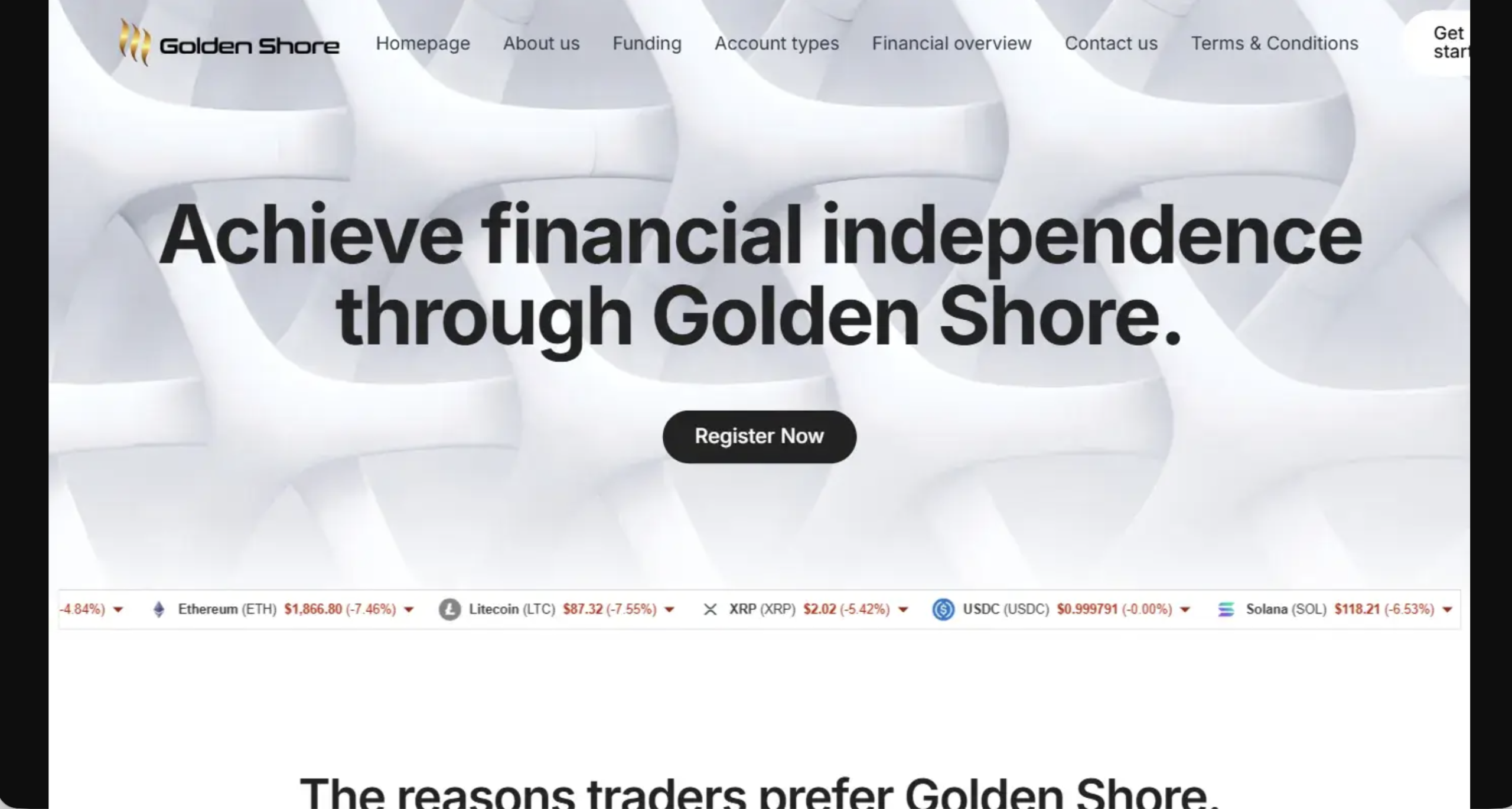 Golden Shore website homepage - A screenshot of the Golden Shore homepage showcasing its interface and promotional banners.