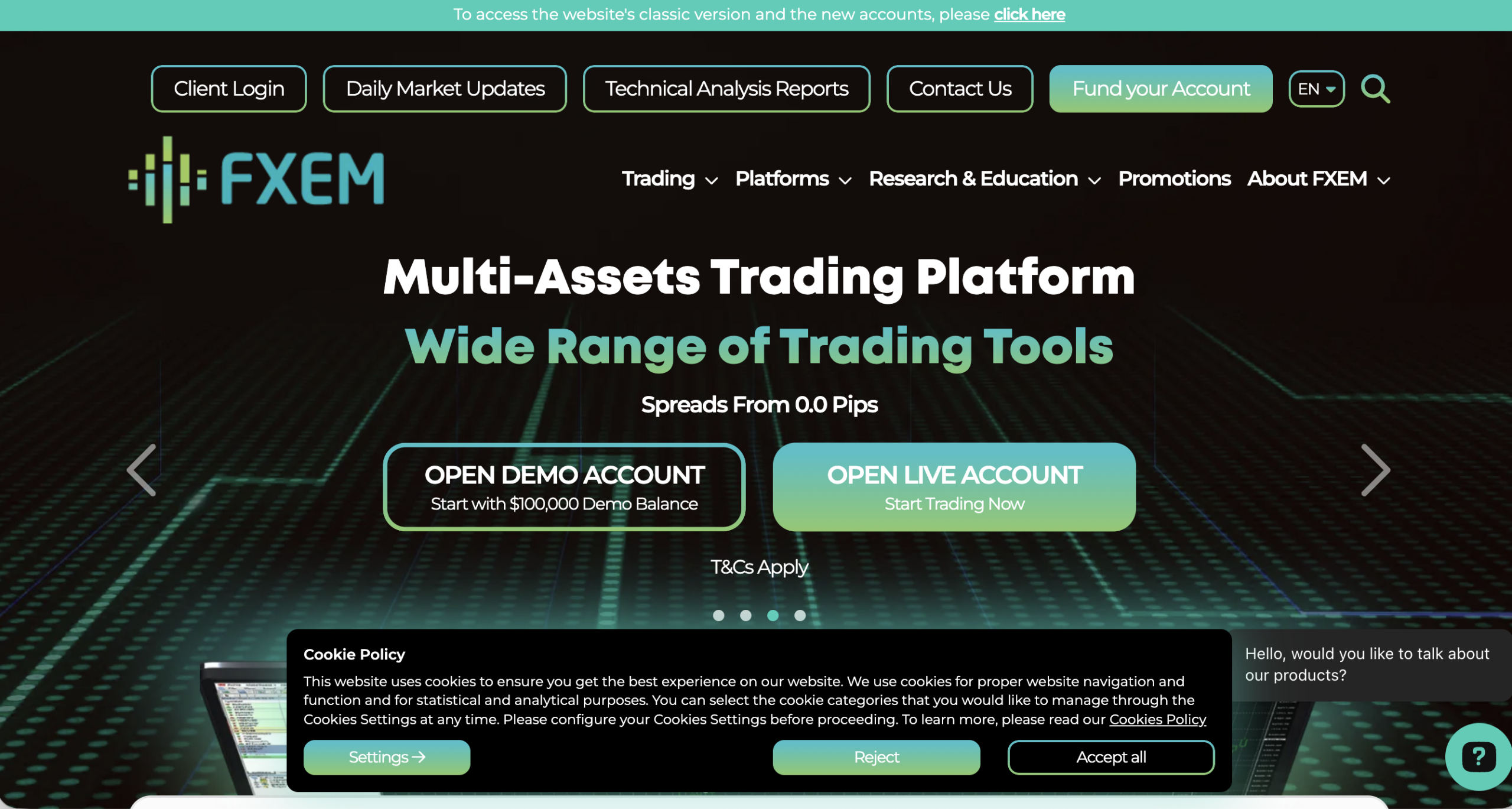 FXem website homepage - A screenshot of the FXem homepage showcasing its interface and promotional banners.