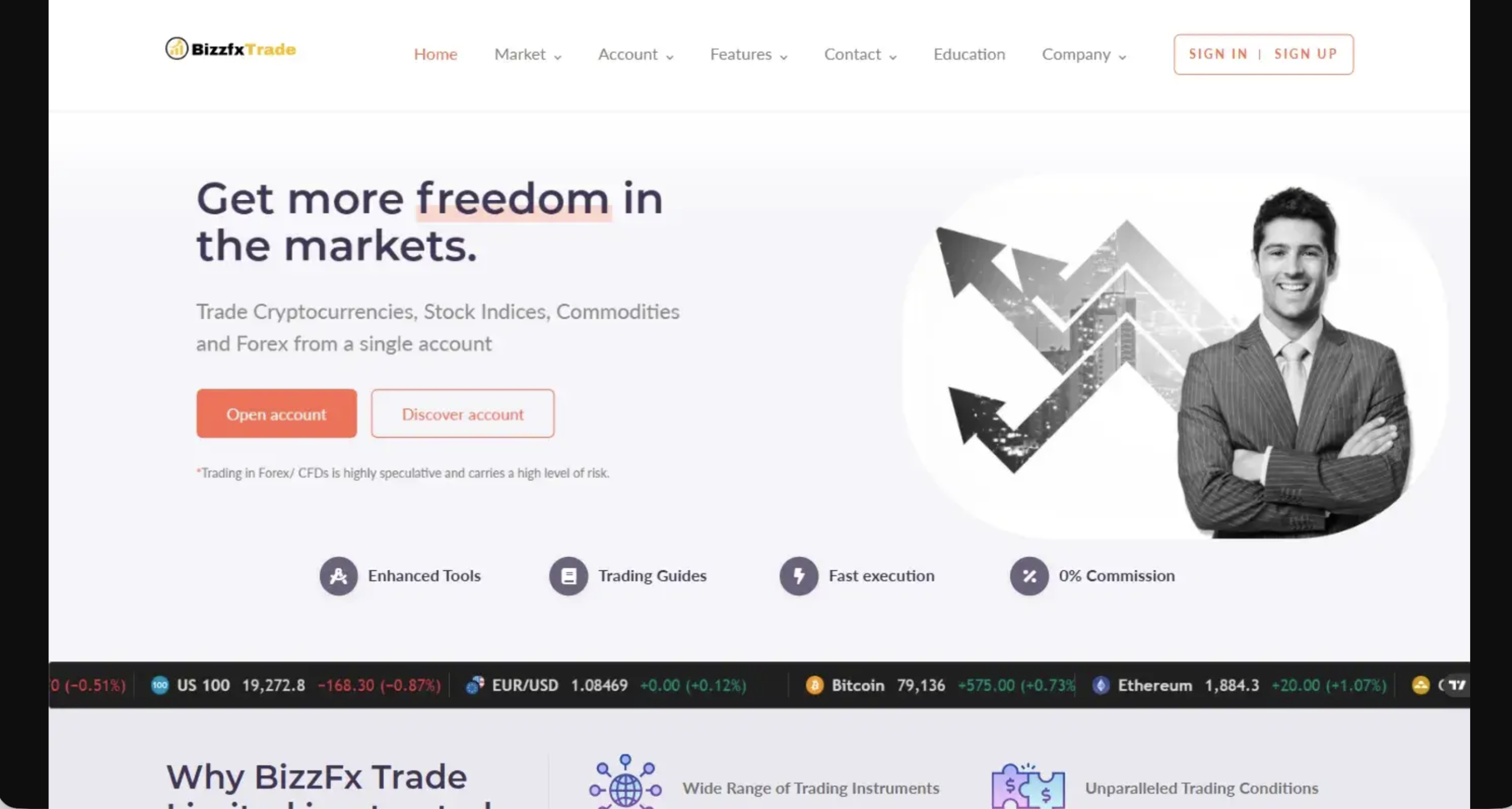BizzFx Trade Limited website homepage - A screenshot of the BizzFx Trade Limited homepage showcasing its interface and promotional banners.