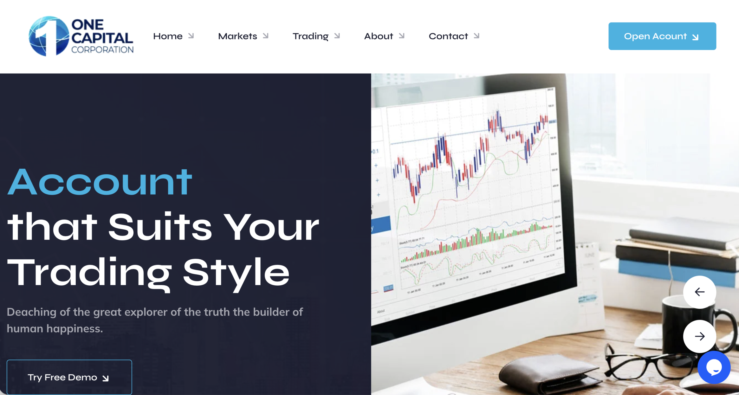 One Capital Corporate website homepage - A screenshot of the One Capital Corporate homepage showcasing its interface and promotional banners.