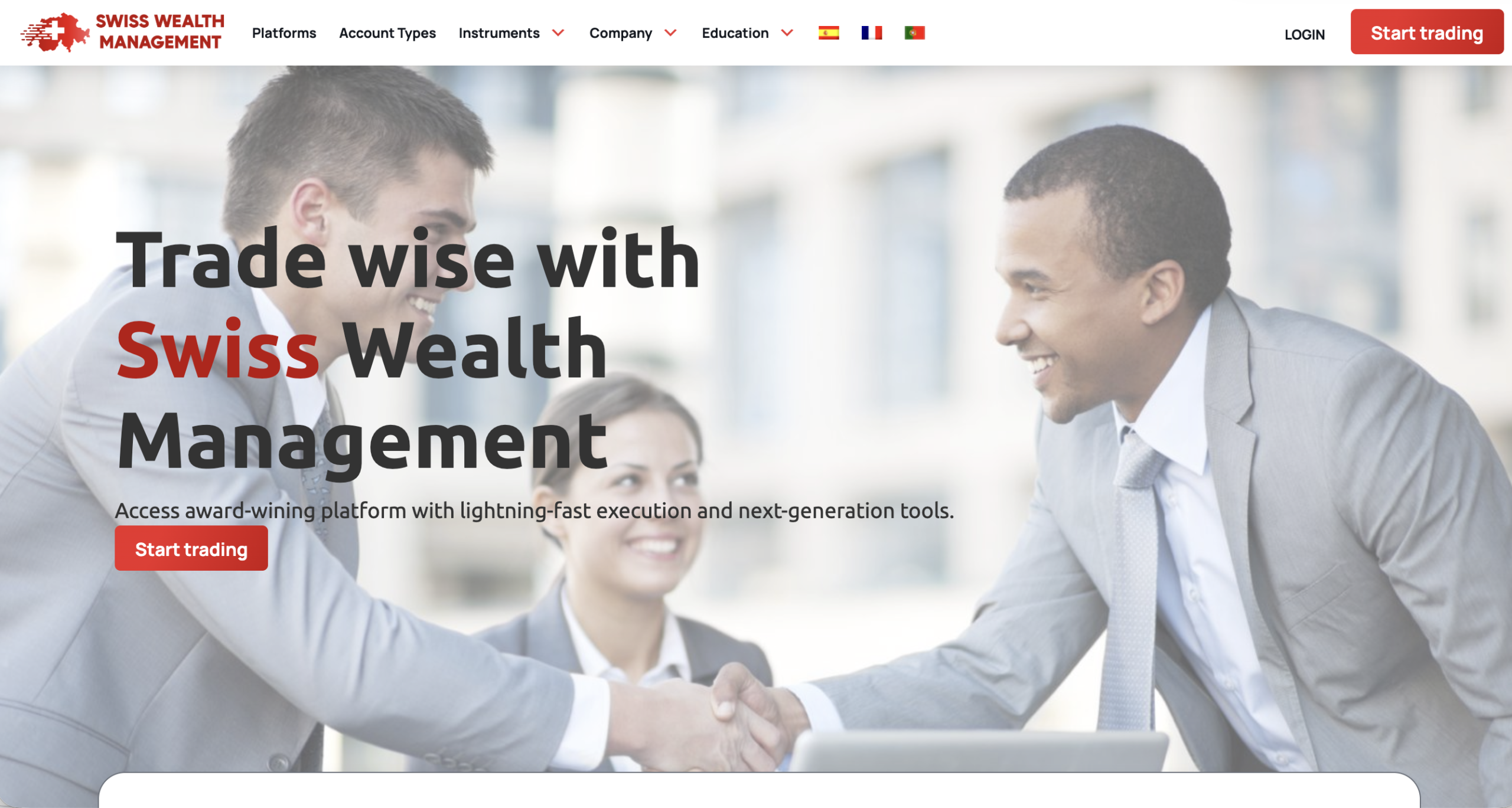 Swiss Wealth Management website homepage - A screenshot of the Swiss Wealth Management homepage showcasing its interface and promotional banners.