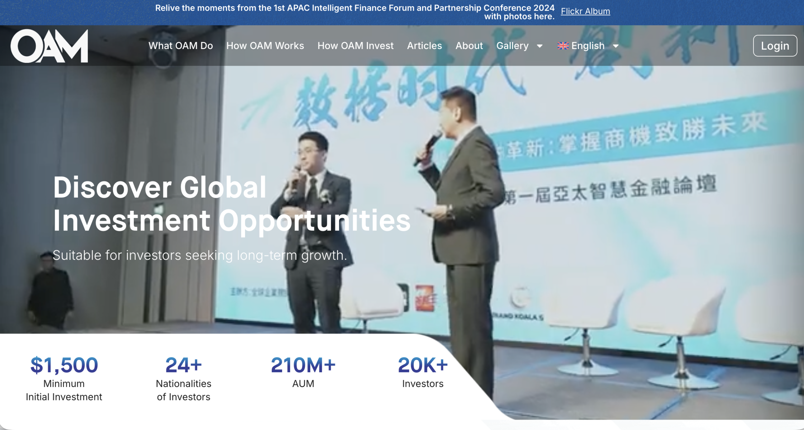 OAM Global website homepage - A screenshot of the OAM Global homepage showcasing its interface and promotional banners.