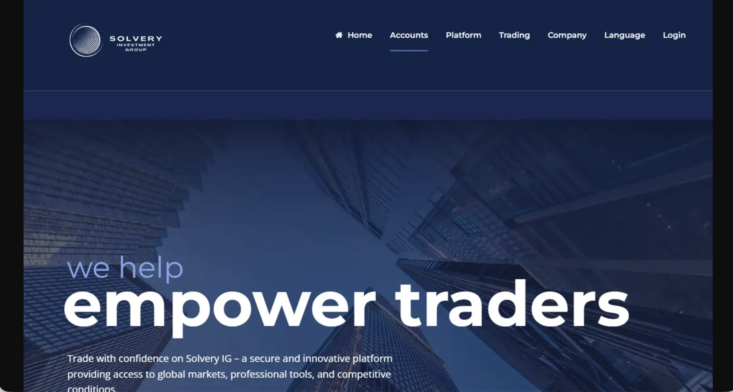 Screenshot of the fraudulent trading platform SolveryiGroup, showcasing its misleading marketing.