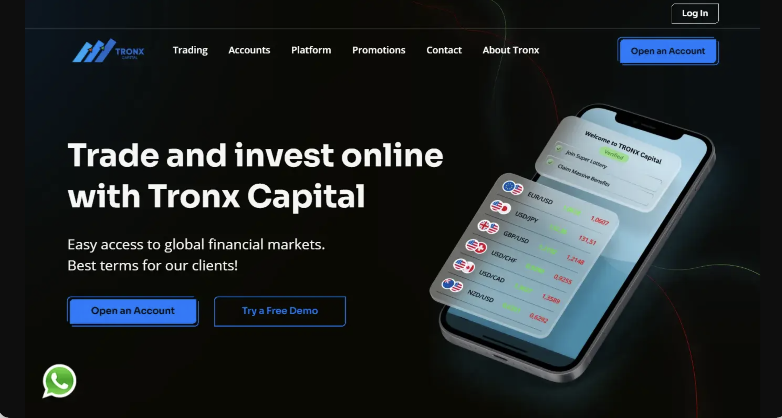 Screenshot of the fraudulent trading platform Tronx Capital, showcasing its misleading marketing.