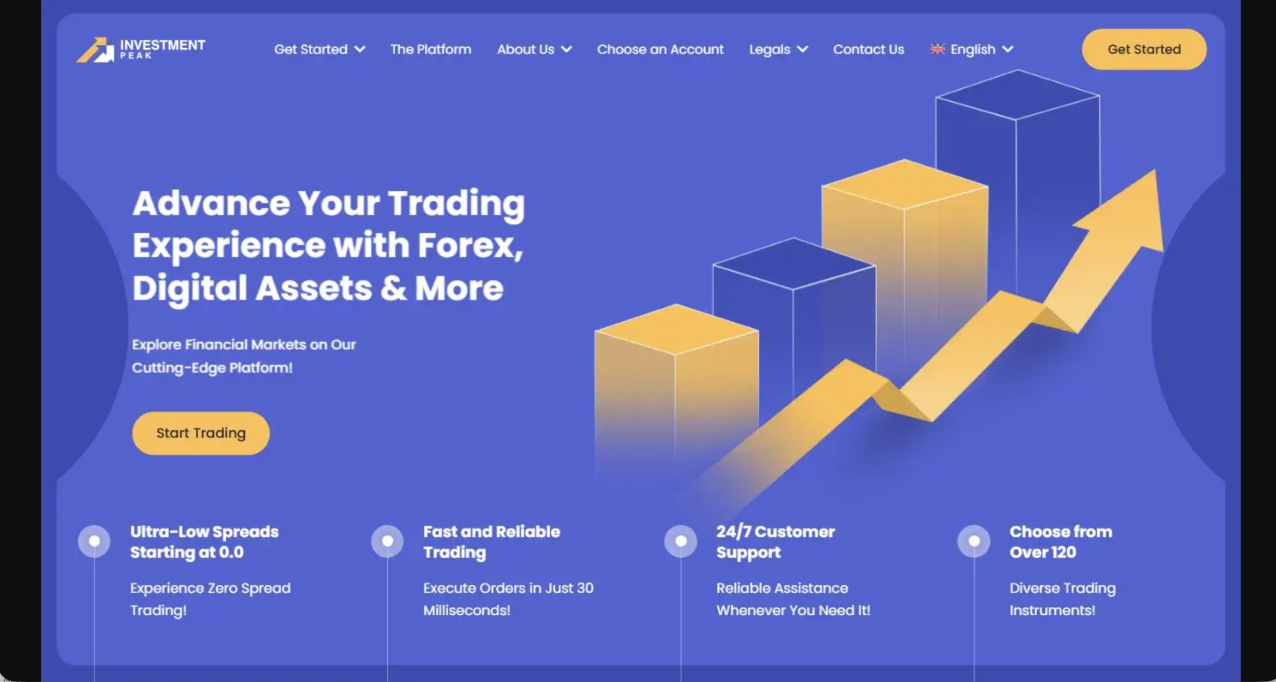 Screenshot of the fraudulent trading platform Investment Peak, showcasing its misleading marketing.