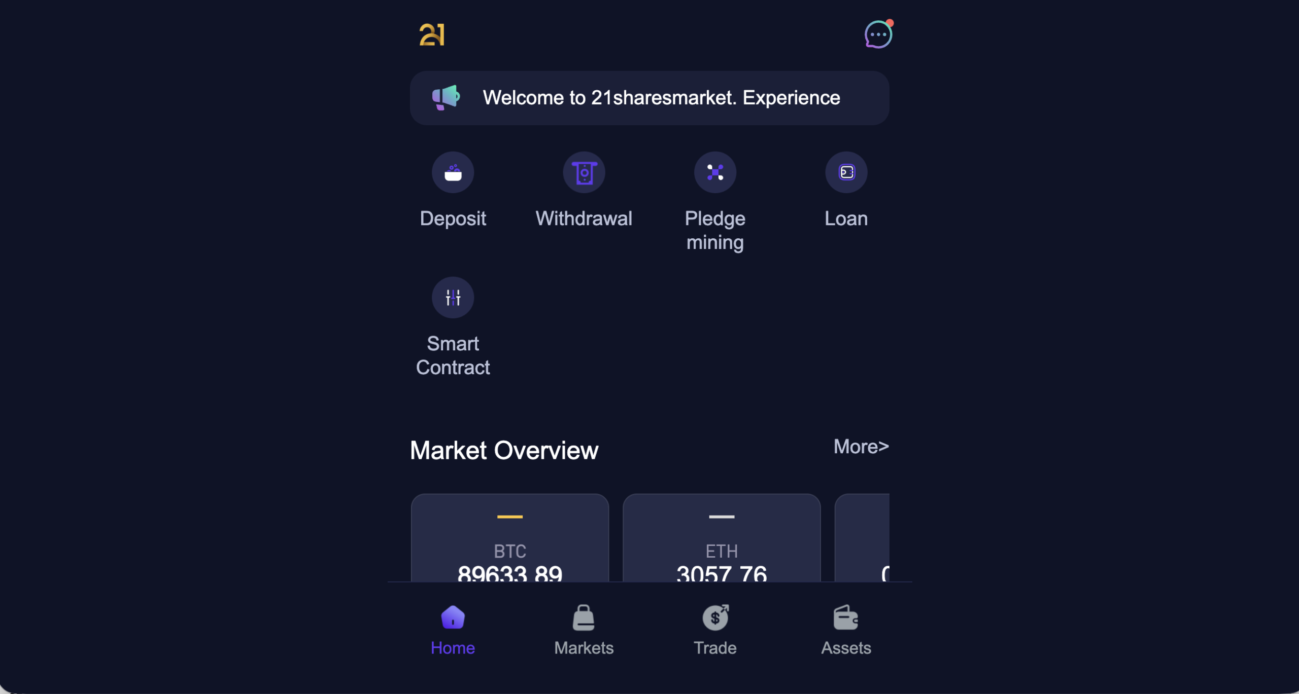 Screenshot of the fraudulent trading platform 21Shares Market, showcasing its misleading marketing.