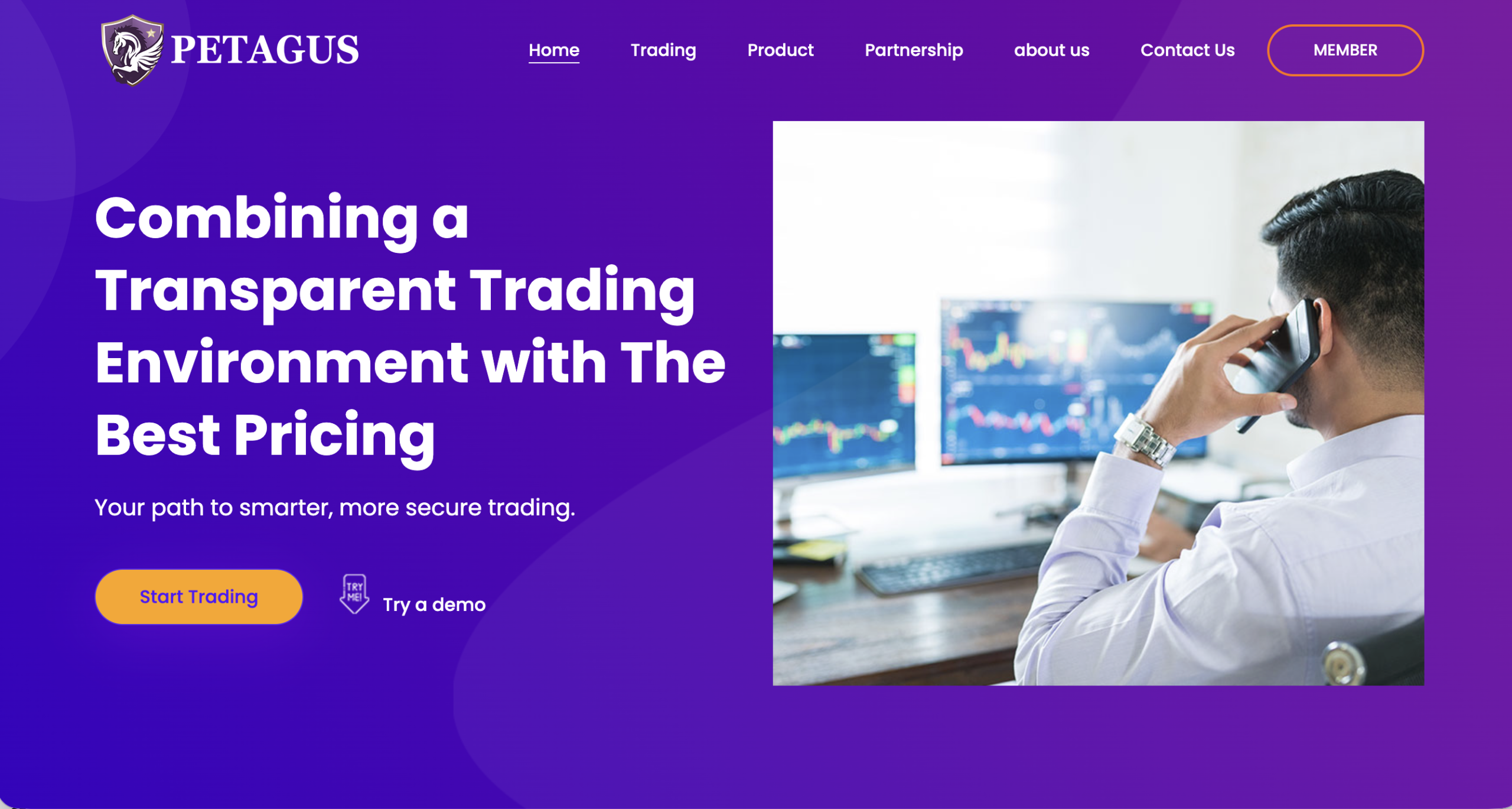 Screenshot of the fraudulent trading platform Petagus Trade, showcasing its misleading marketing.