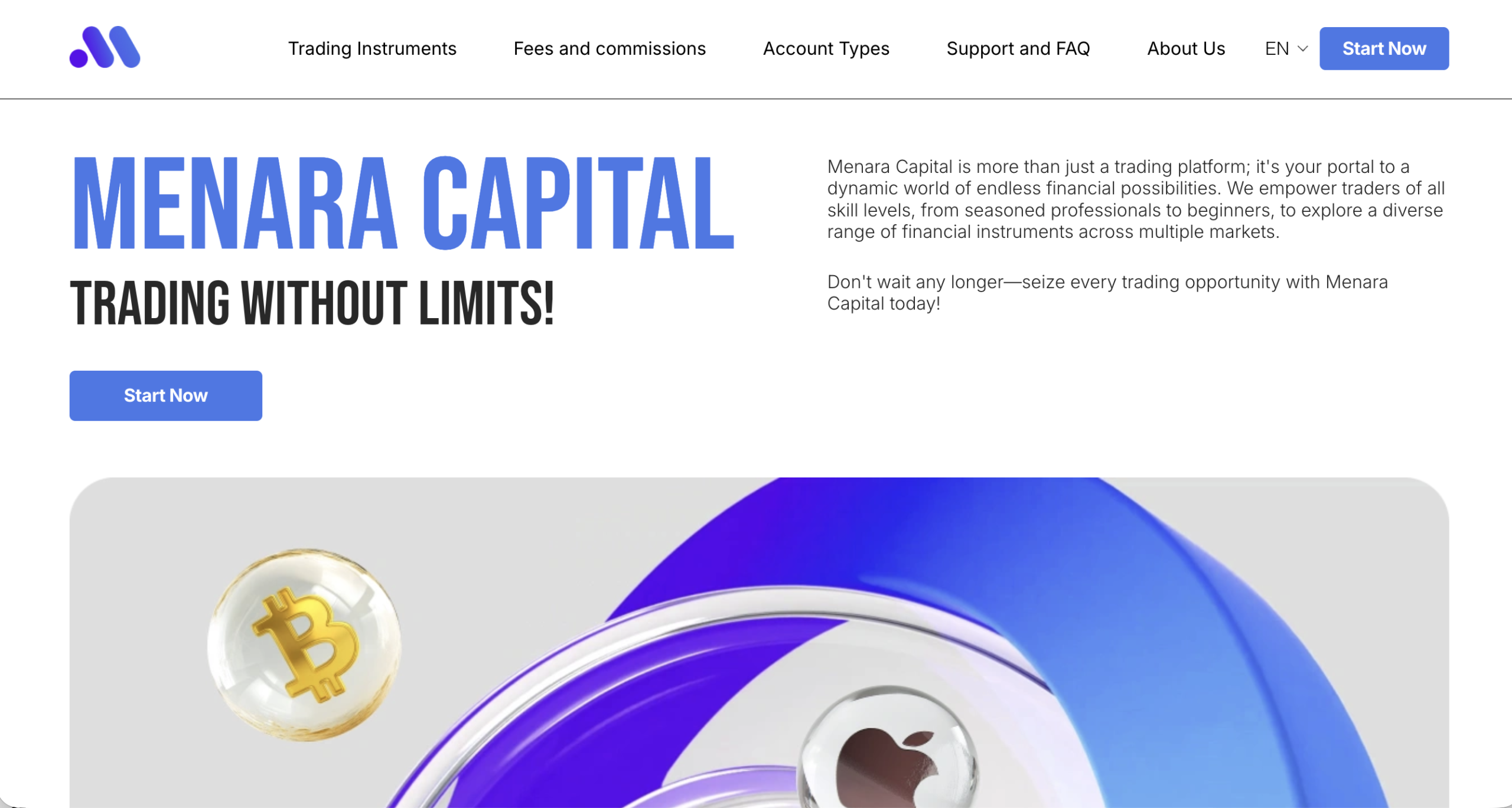 Screenshot of the fraudulent trading platform Menara Capital , showcasing its misleading marketing.