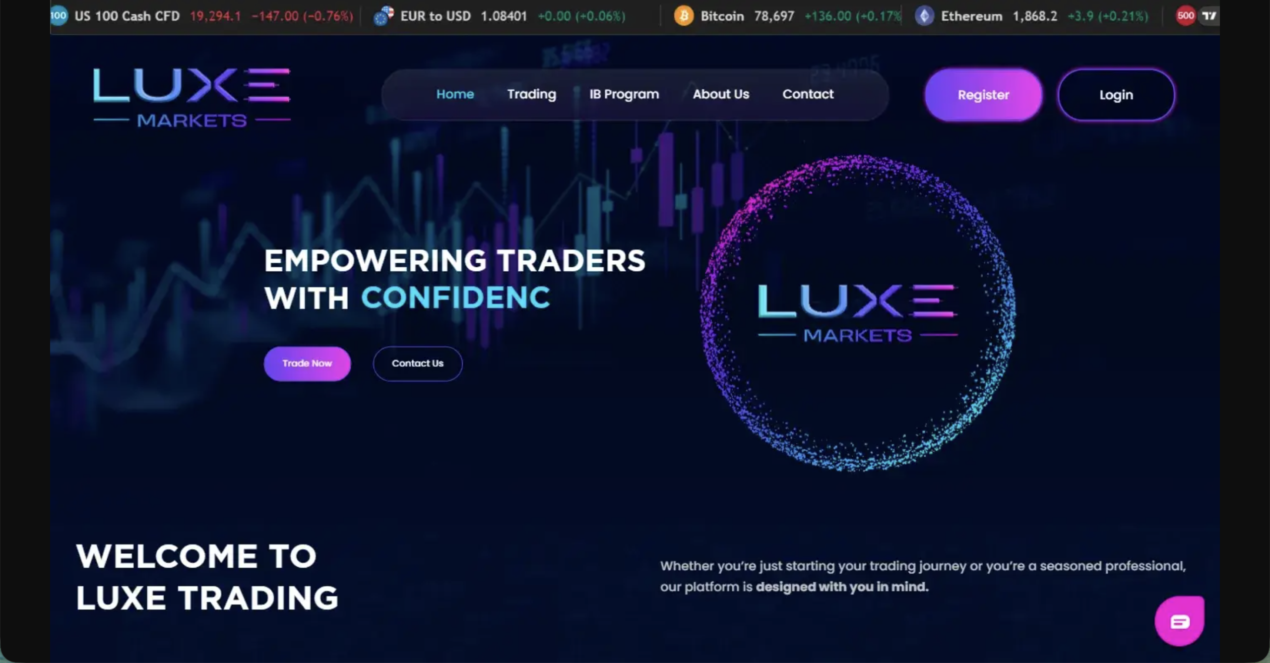 Screenshot of the fraudulent trading platform LUXE Trading Markets, showcasing its misleading marketing