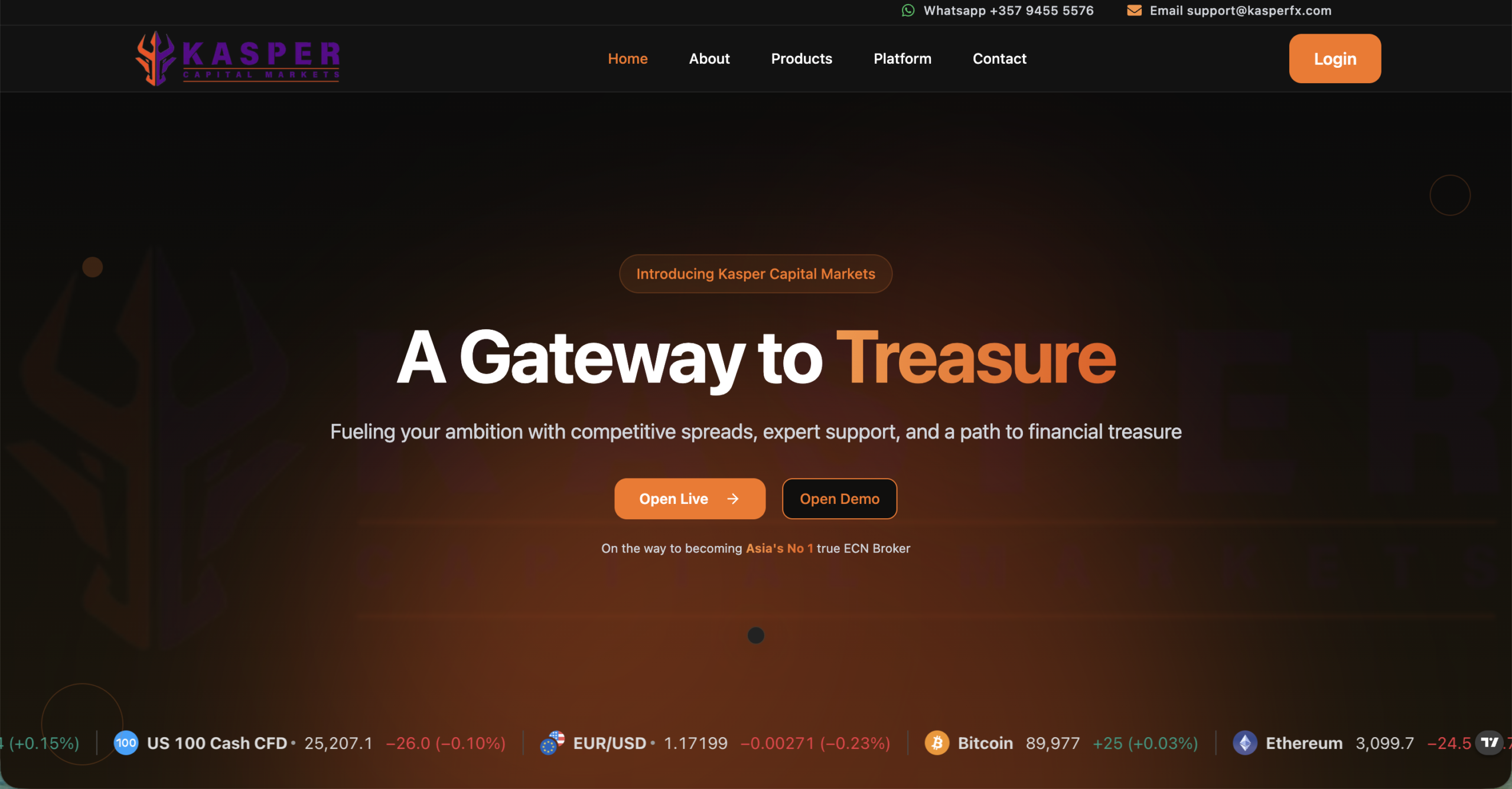 Screenshot of the fraudulent trading platform Kasper Capital Markets, showcasing its misleading marketing.