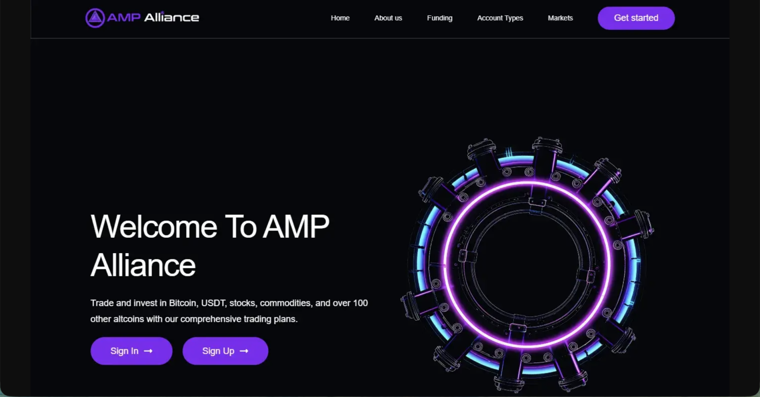 Screenshot of the fraudulent trading platform AMP Alliance, showcasing its misleading marketing.