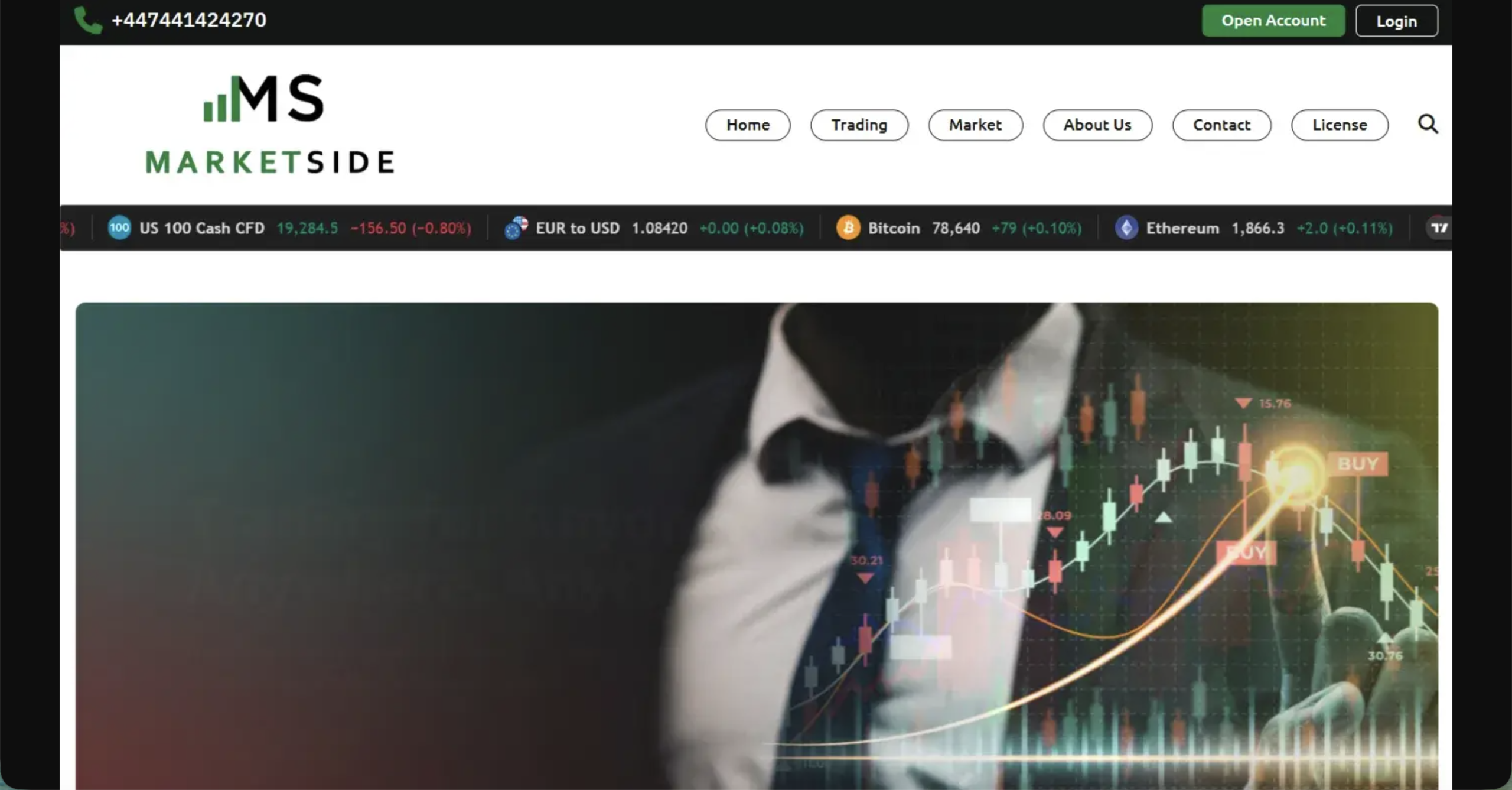 Screenshot of the fraudulent trading platform MarketSide, showcasing its misleading marketing.