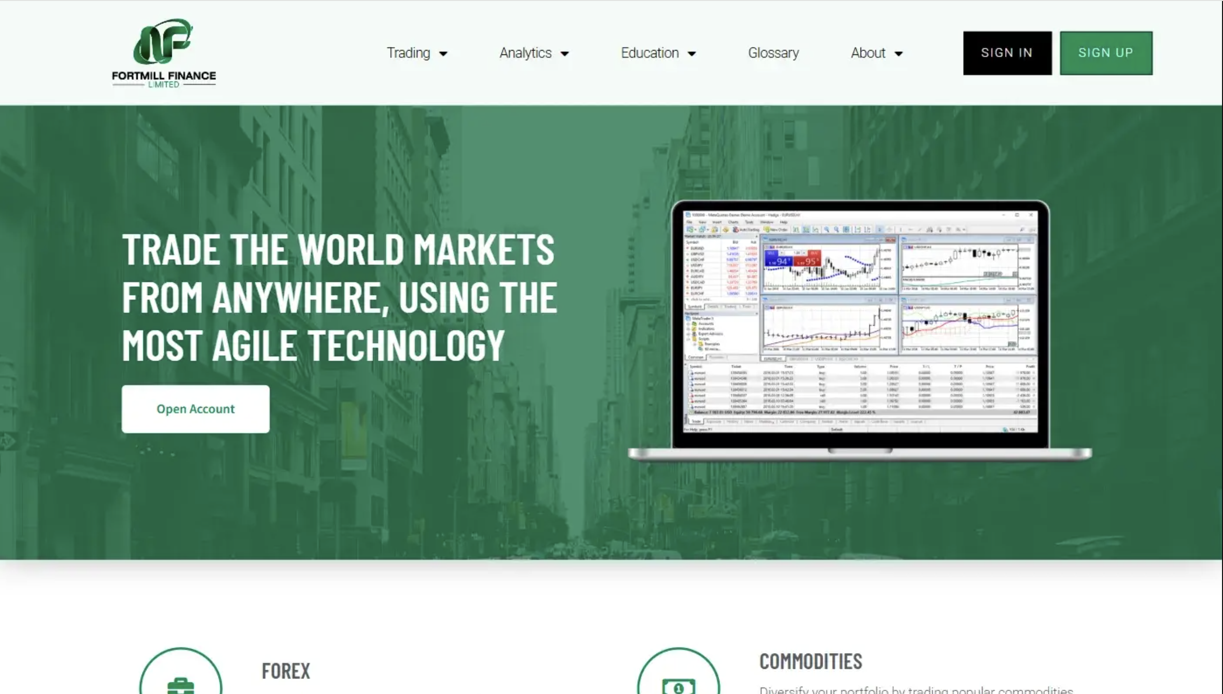Screenshot of the fraudulent trading platform Fortmill Finance Limited, showcasing its misleading marketing.