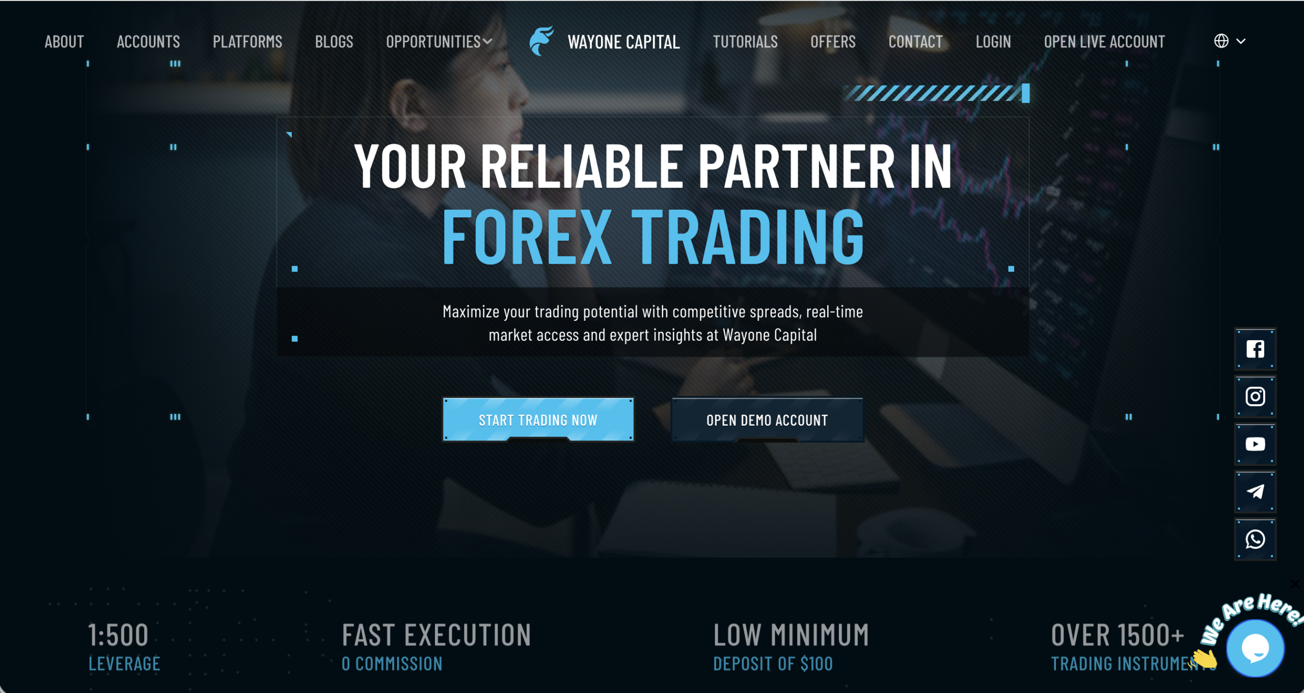 Screenshot of the fraudulent trading platform Wayone FX, showcasing its misleading marketing. 