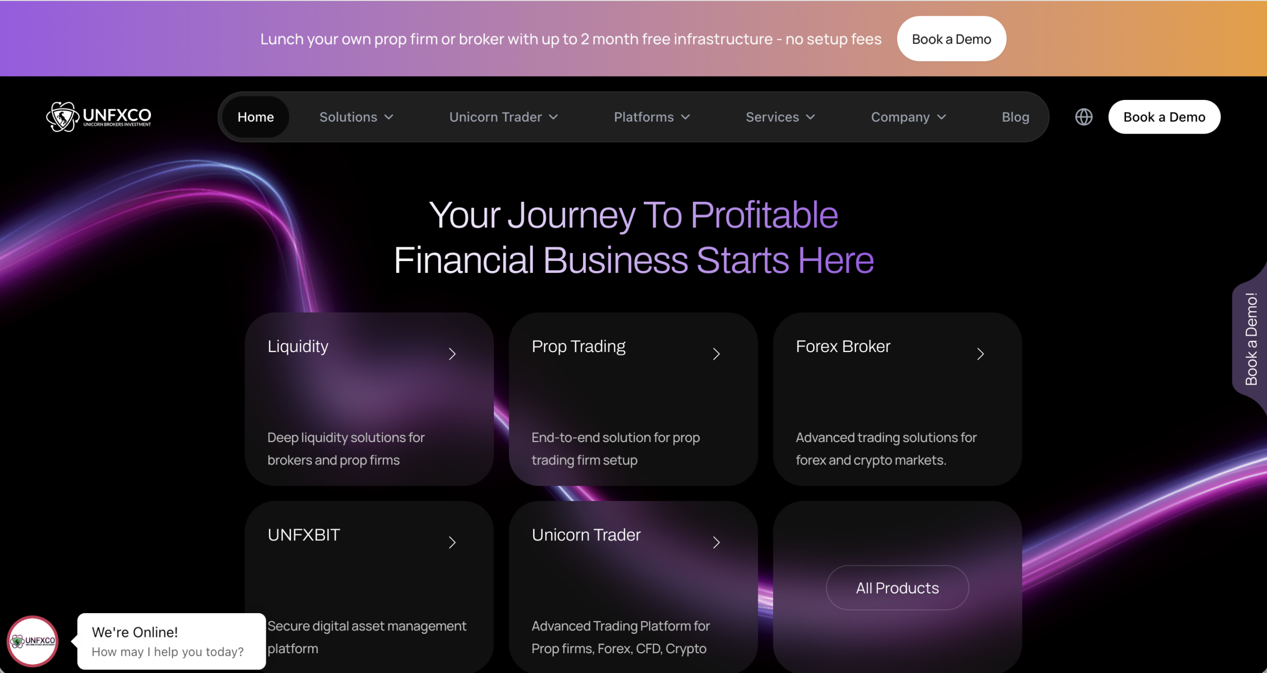 Screenshot of the fraudulent trading platform Unicorn Brokers, showcasing its misleading marketing. 
