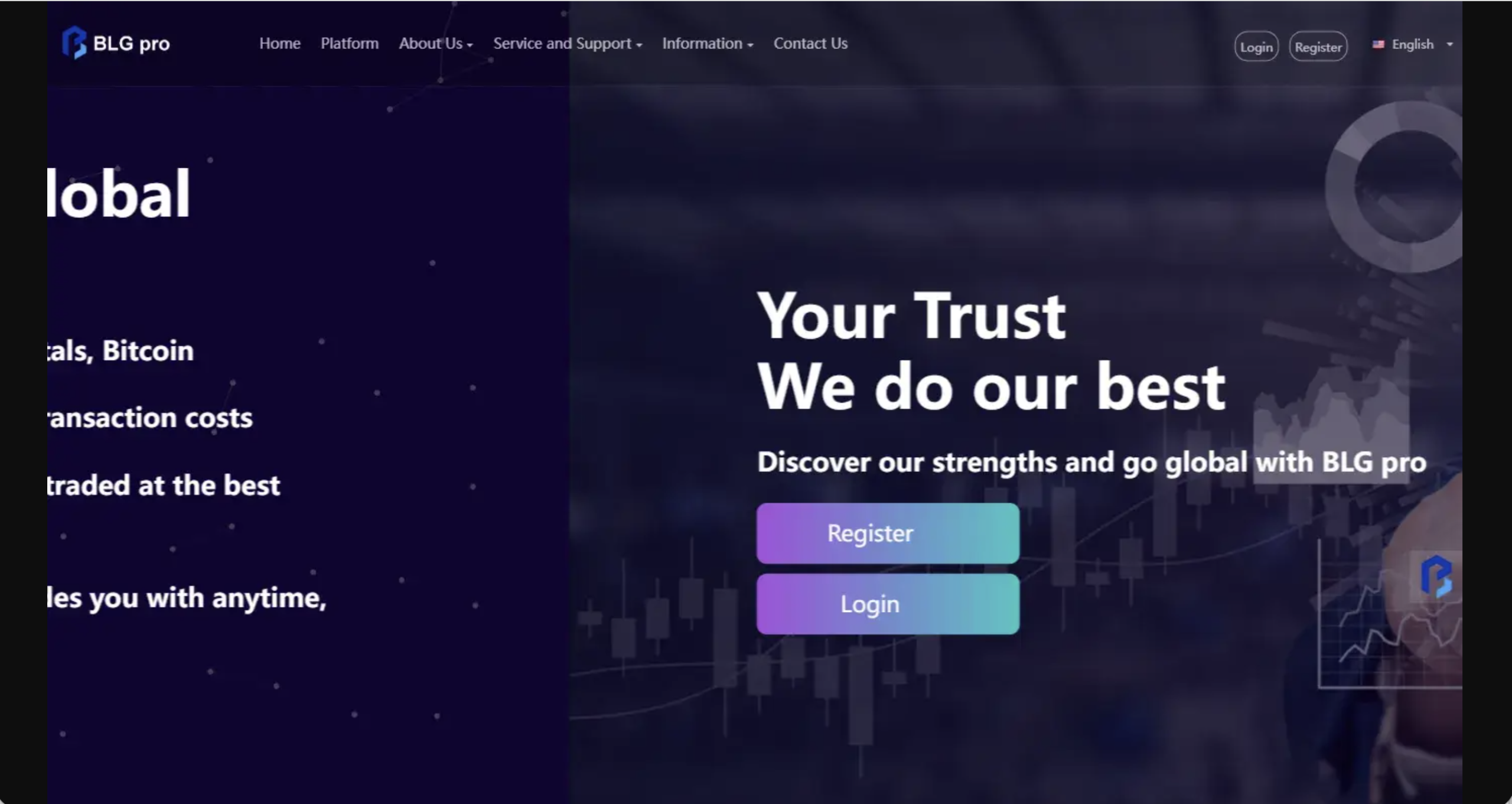 Screenshot of the fraudulent trading platform BLG pro, showcasing its misleading marketing.