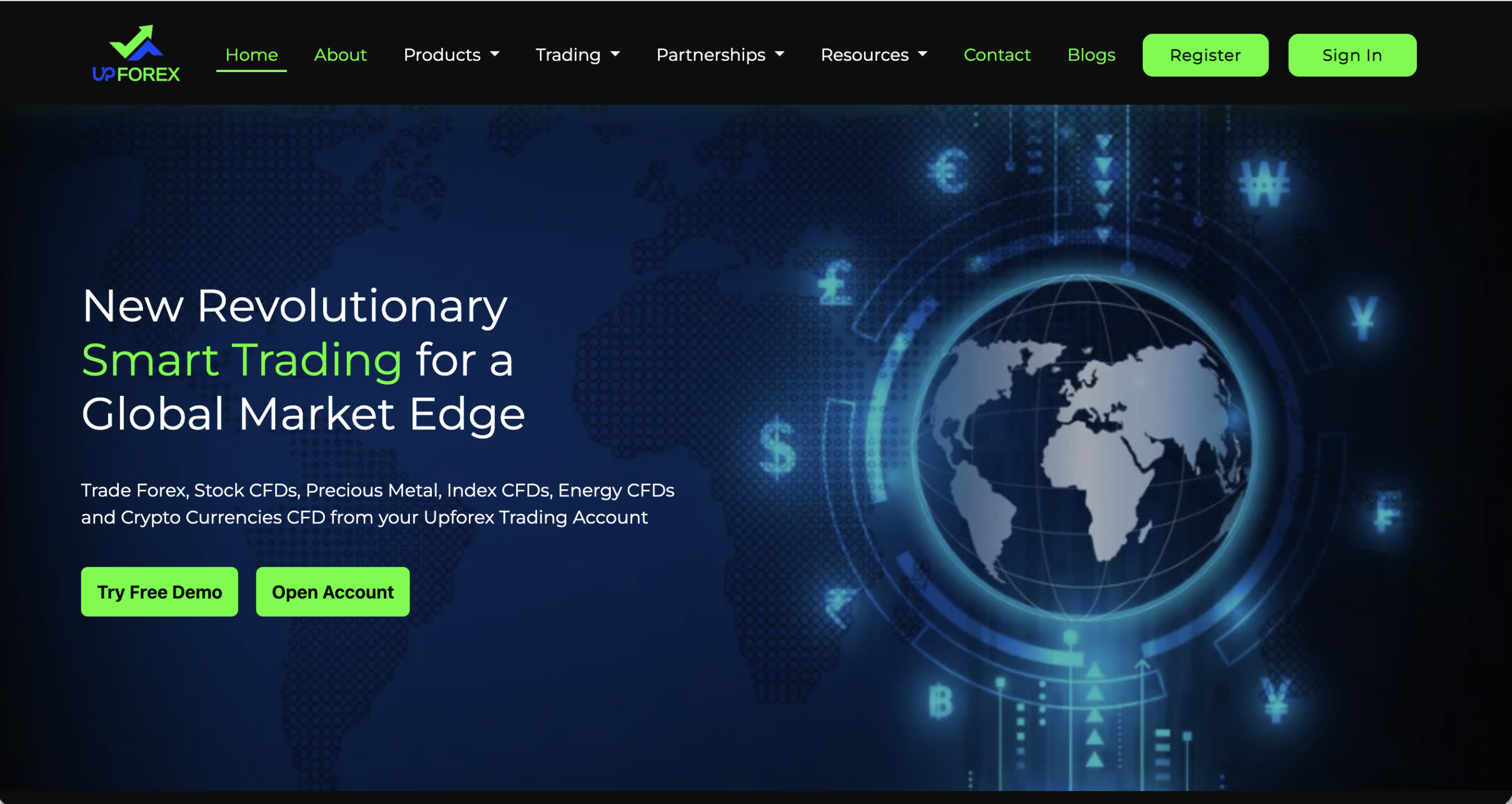 Screenshot of the fraudulent trading platform UPForex, showcasing its misleading marketing.