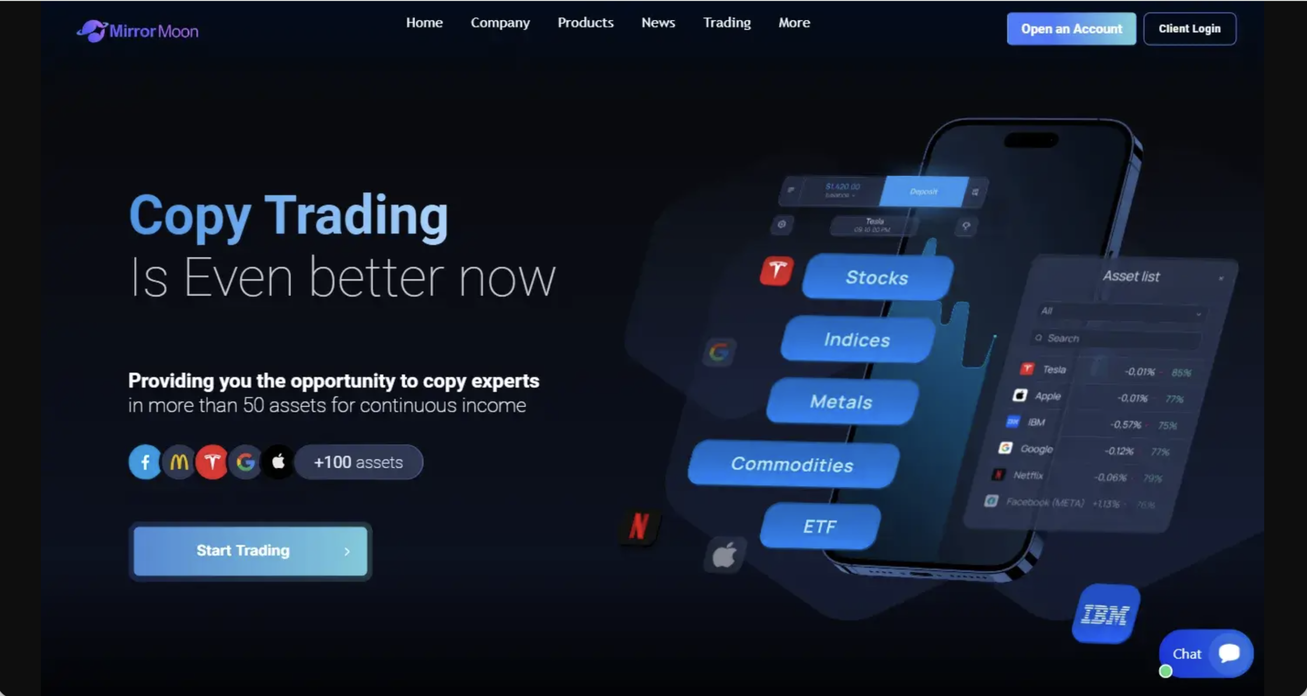 Screenshot of the fraudulent trading platform Mirror Moon Trading, showcasing its misleading marketing.