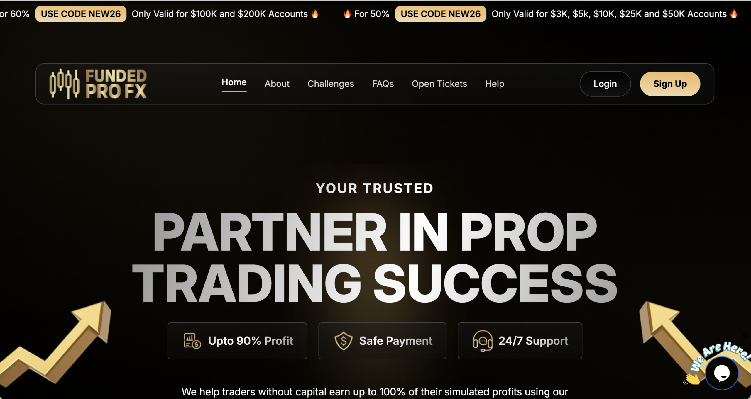 Screenshot of the fraudulent trading platform FundedProFX, showcasing its misleading marketing.