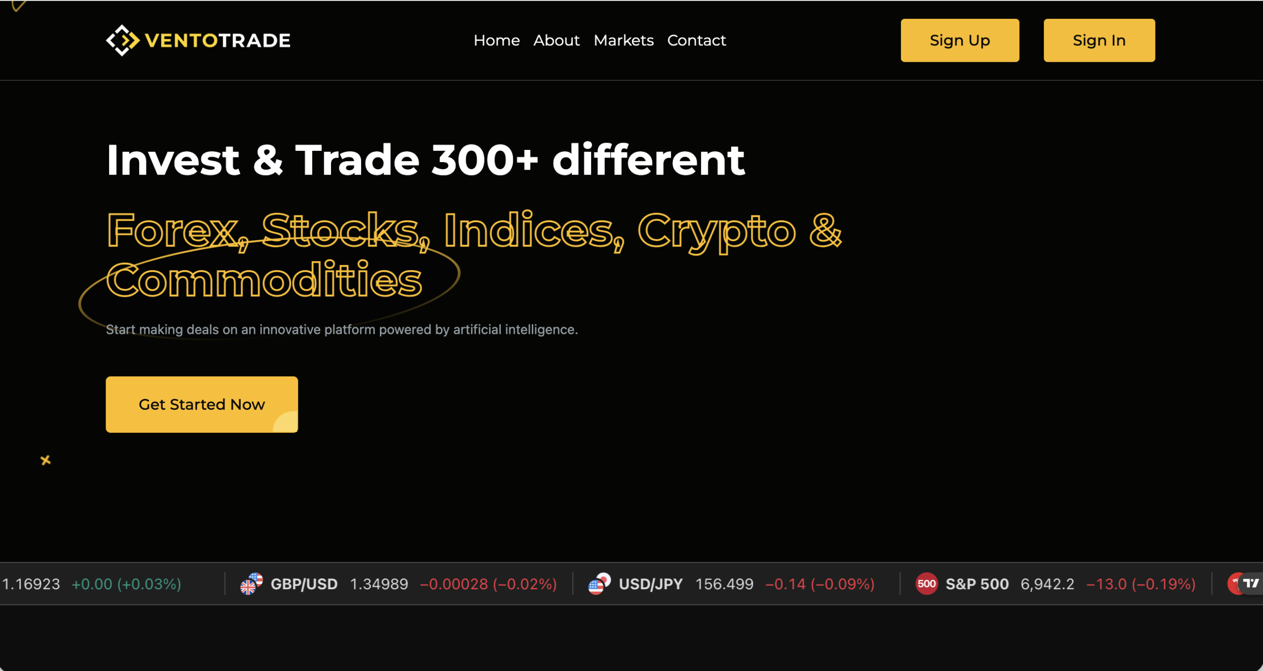 Screenshot of the fraudulent trading platform Ventotrade, showcasing its misleading marketing.
