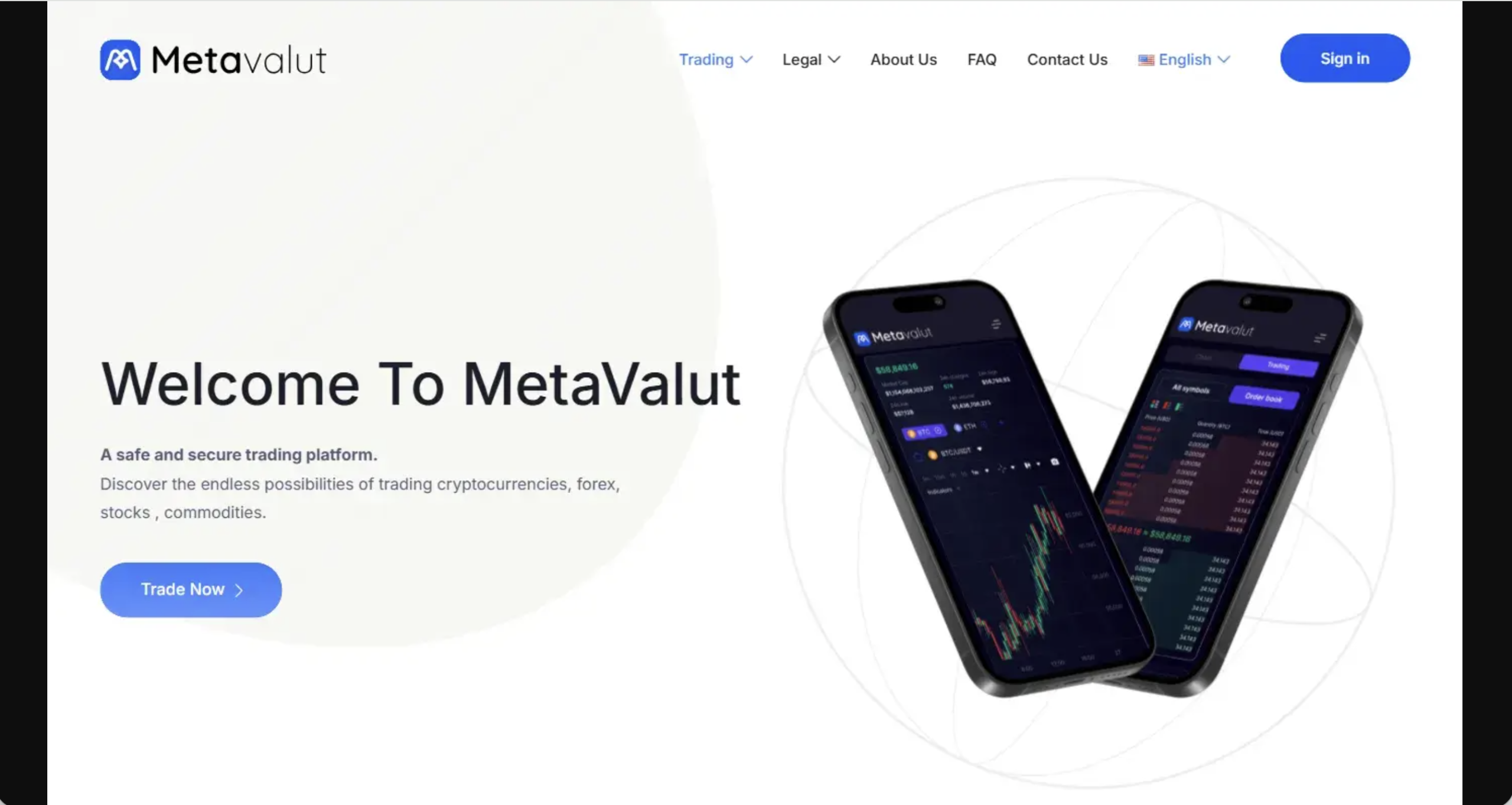 Screenshot of the fraudulent trading platform MetaValut, showcasing its misleading marketing.