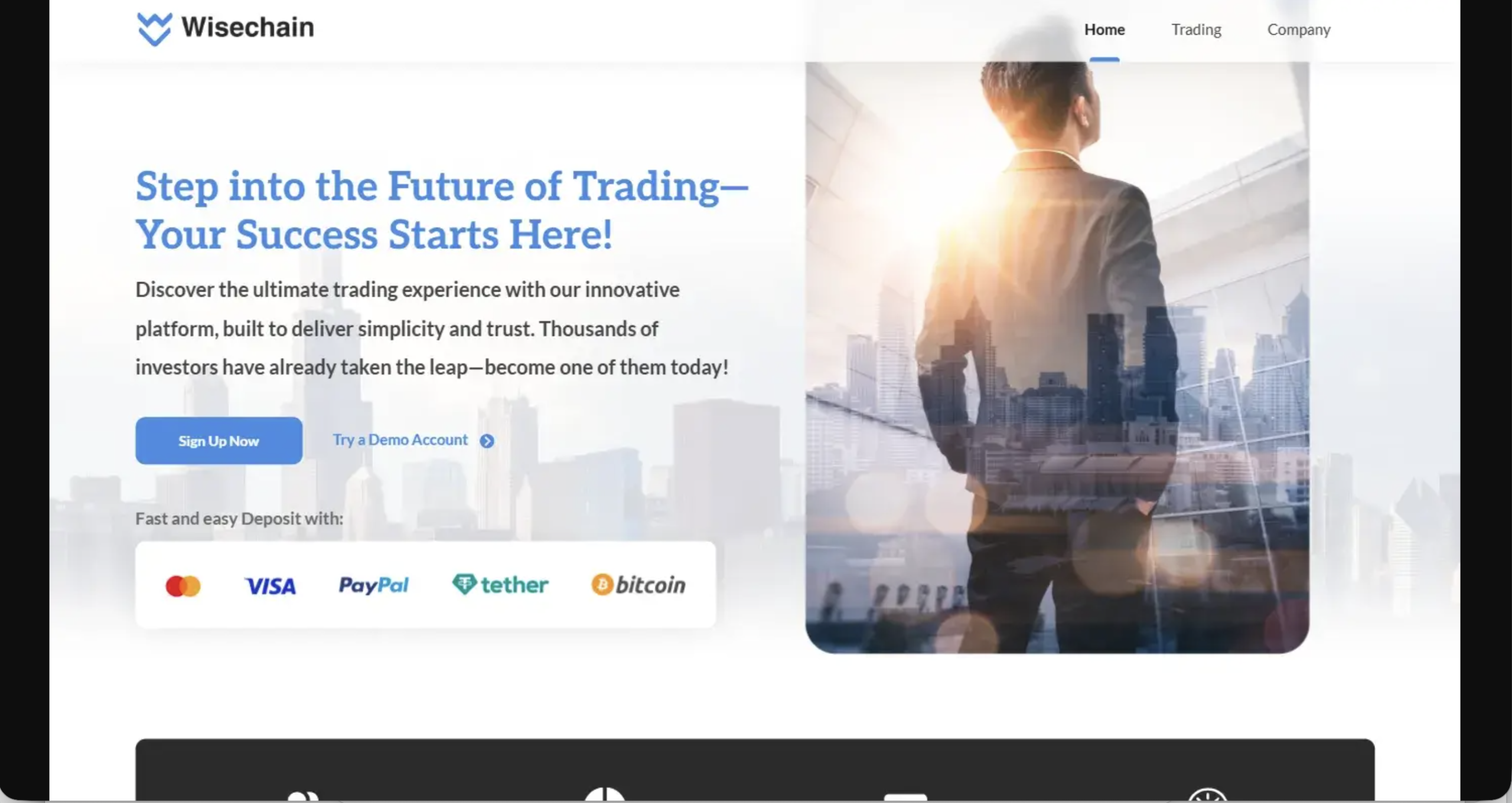 Screenshot of the fraudulent trading platform Wisechain, showcasing its misleading marketing.