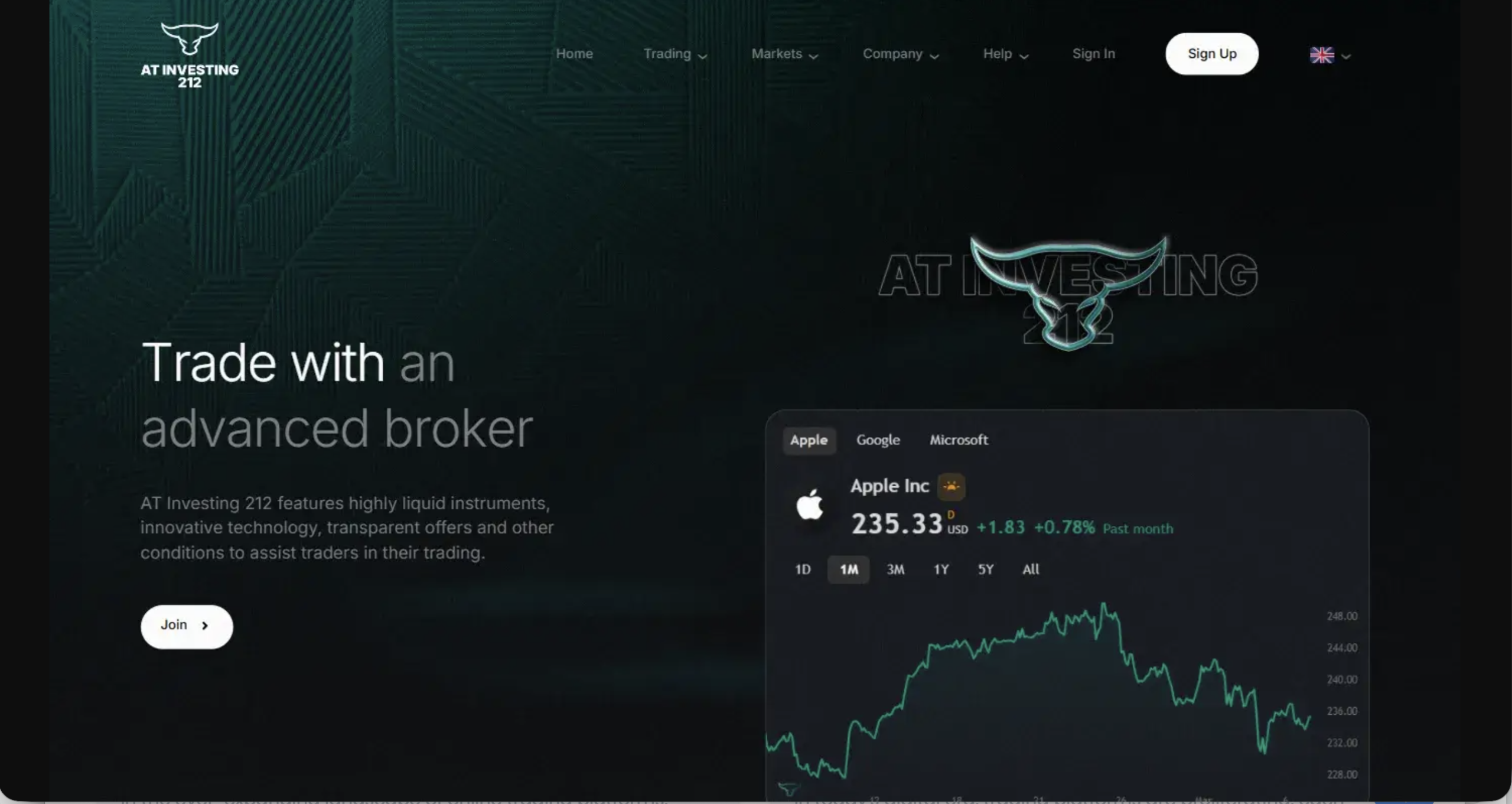 Screenshot of the fraudulent trading platform AT Investing 212, showcasing its misleading marketing.