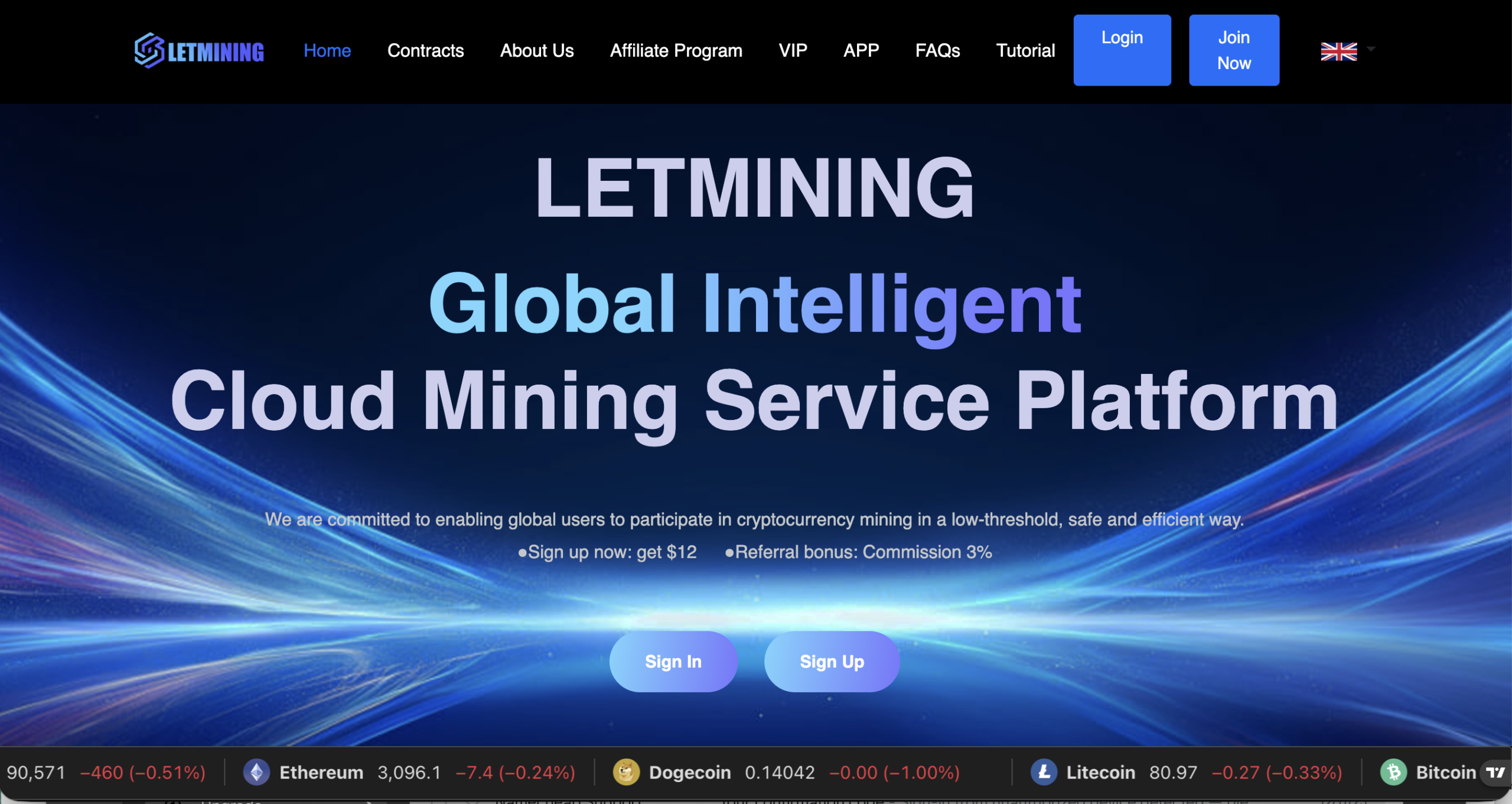 Screenshot of the fraudulent trading platform AT LETMining, showcasing its misleading marketing. 