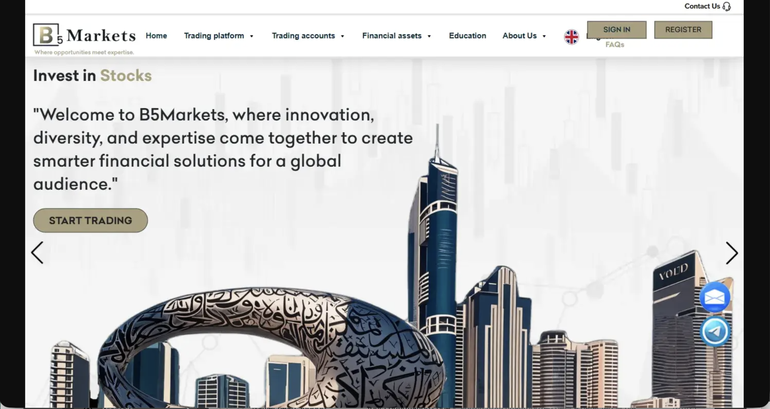 Screenshot of the fraudulent trading platform B5markets, showcasing its misleading marketing.