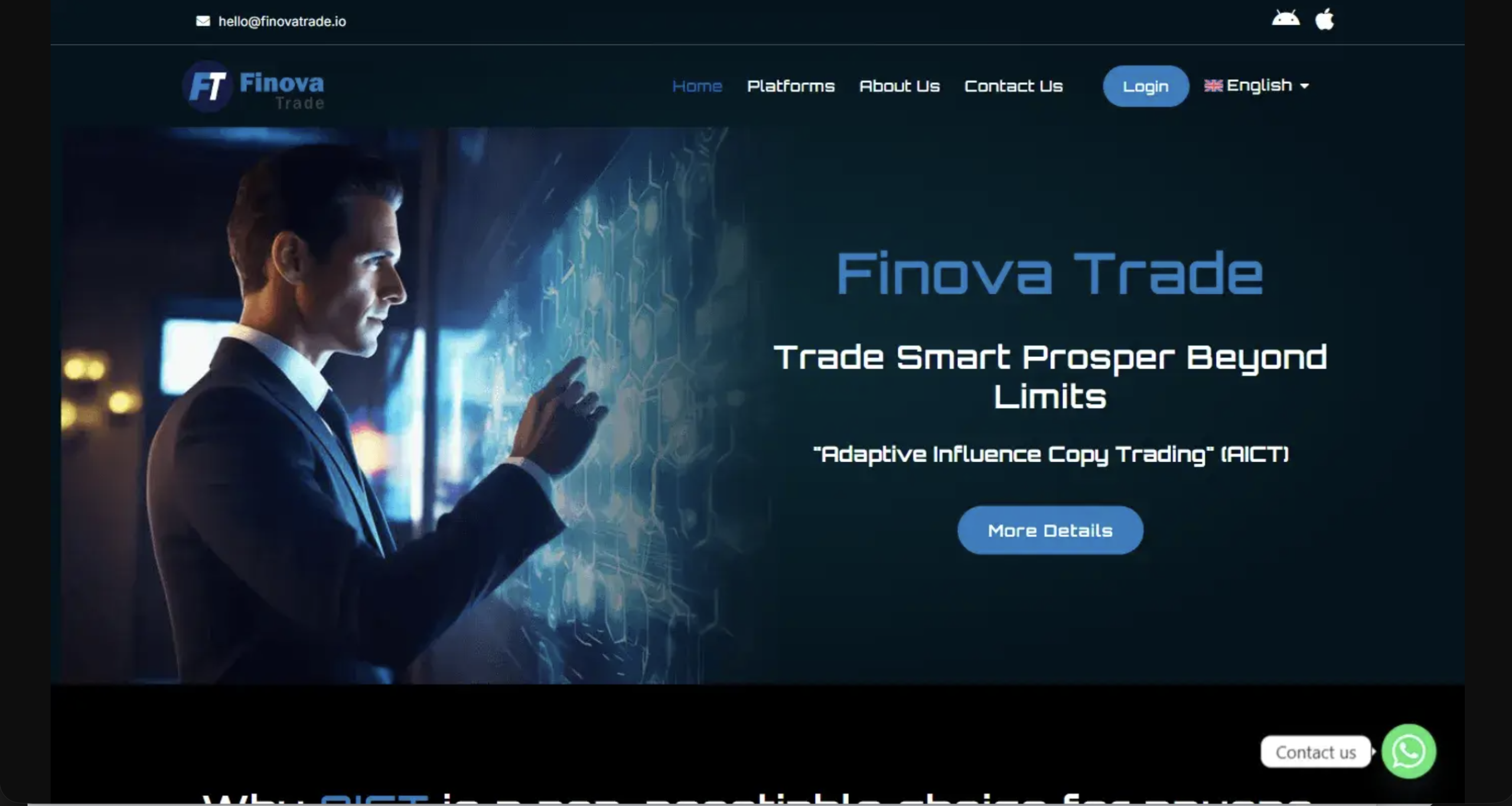 Screenshot of the fraudulent trading platform Finova Trade, showcasing its misleading marketing.