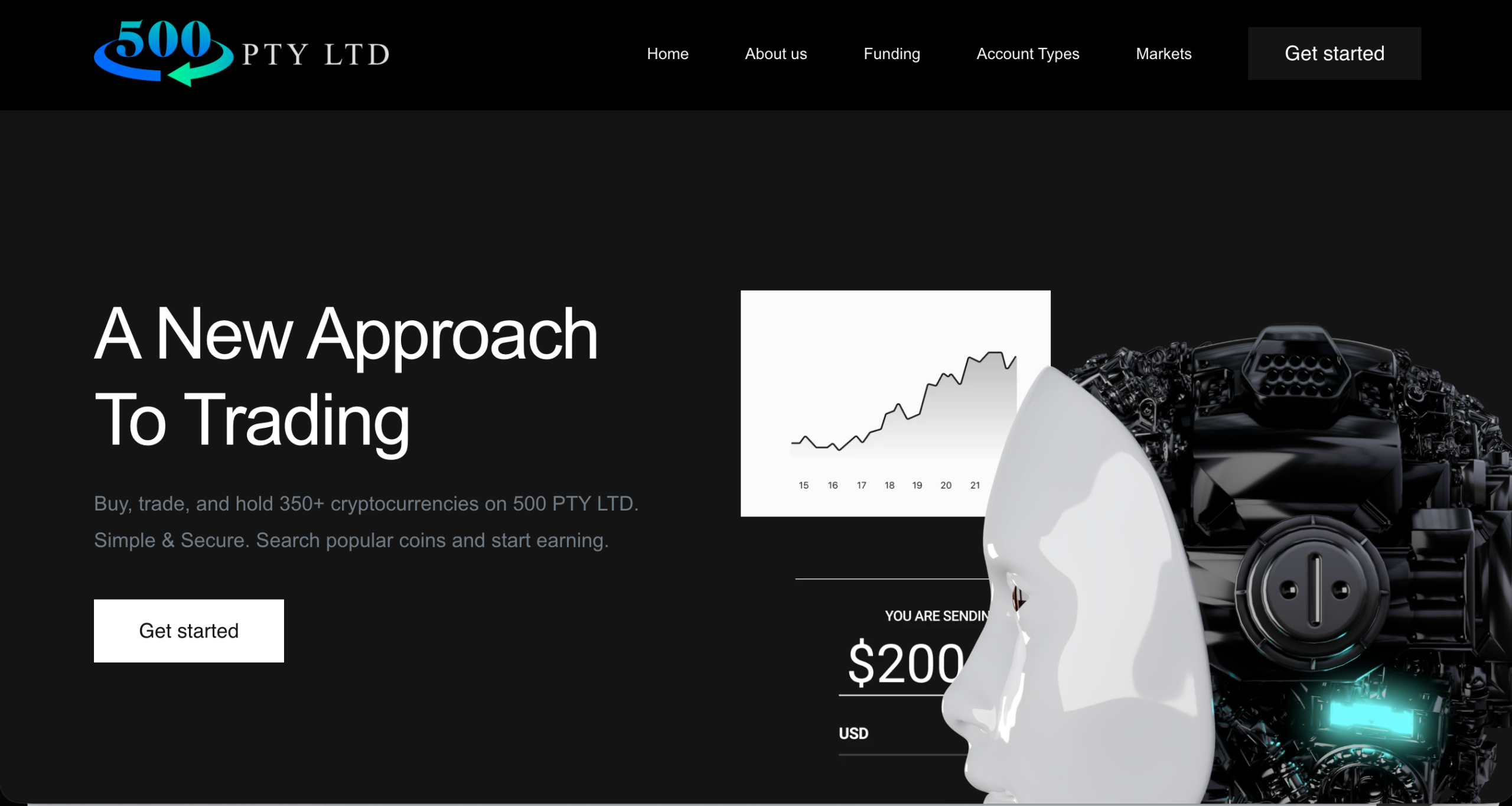 Screenshot of the fraudulent trading platform 500 PTY LTD, showcasing its misleading marketing.
