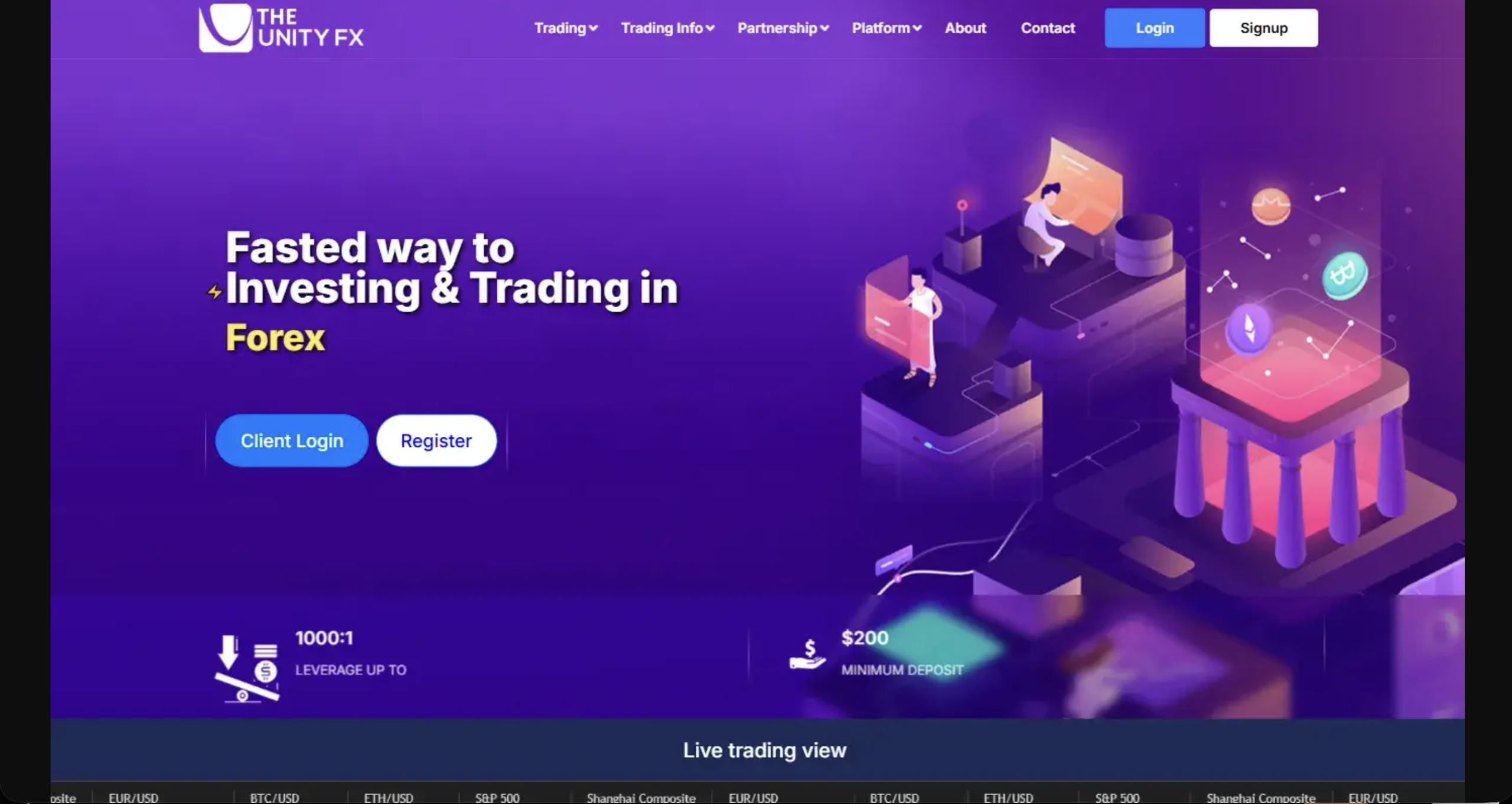 Screenshot of the fraudulent trading platform The Unity Fx, showcasing its misleading marketing.