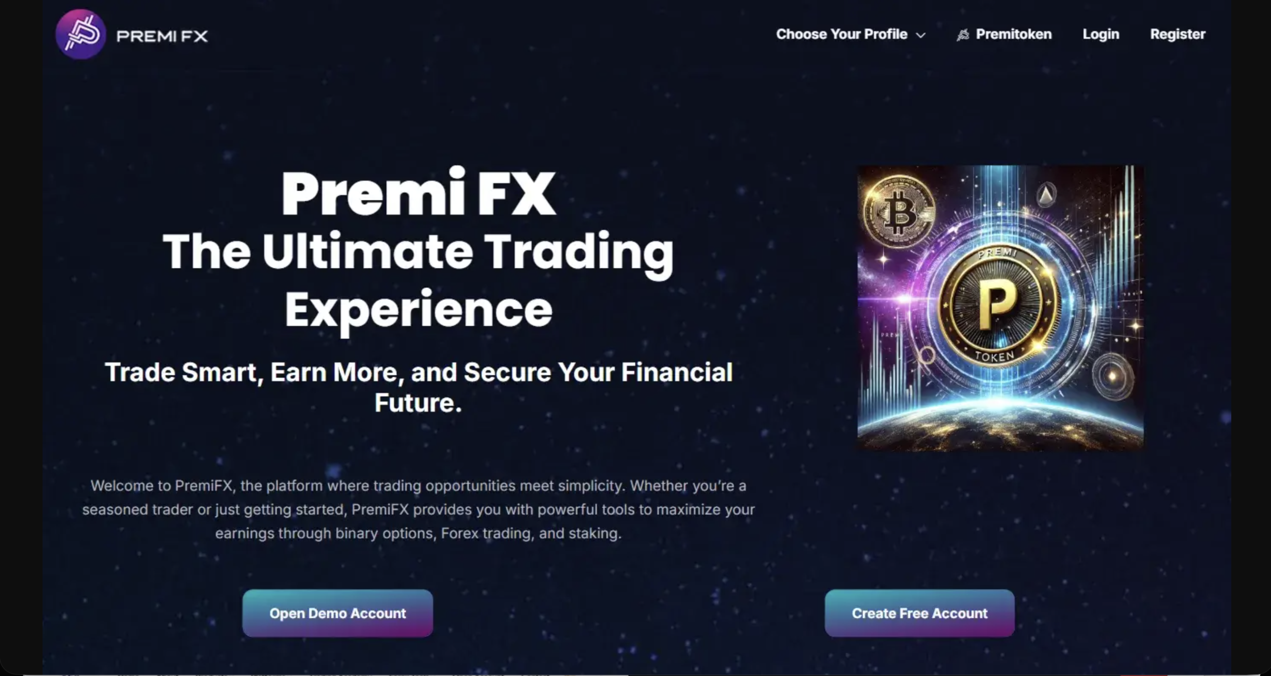Screenshot of the fraudulent trading platform Premi FX, showcasing its misleading marketing.