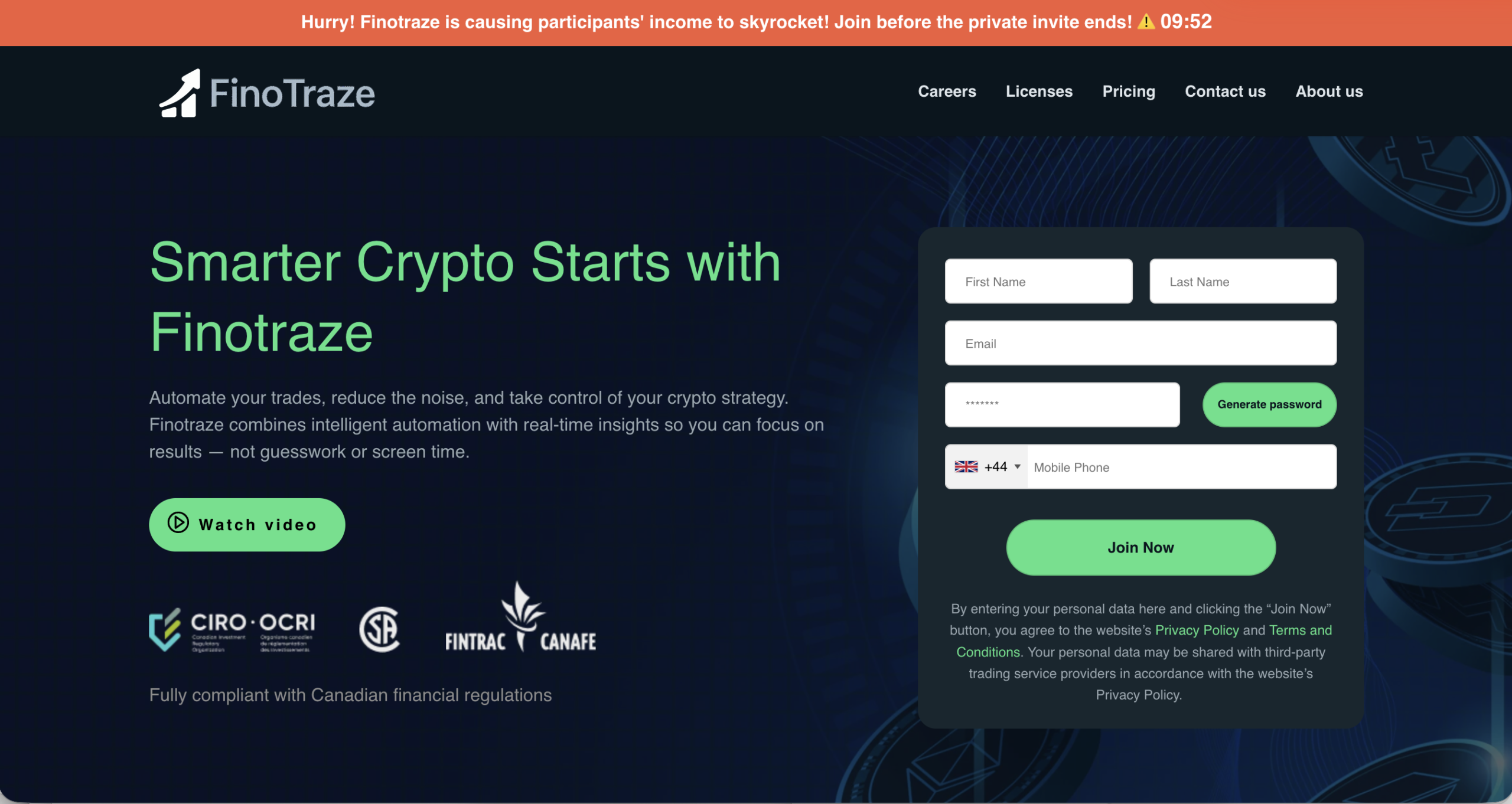 Screenshot of the fraudulent trading platform Finotraze, showcasing its misleading marketing.