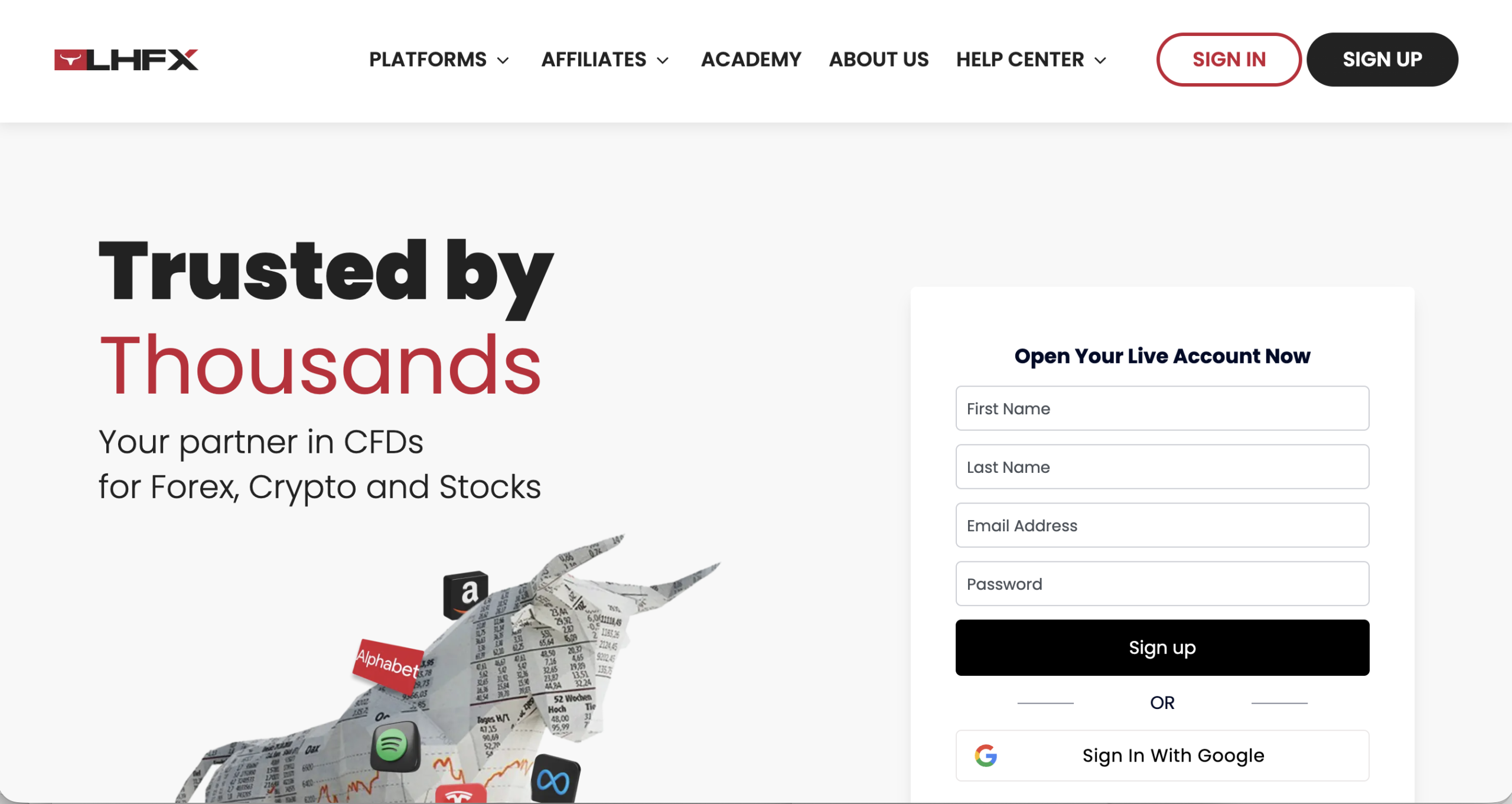 Screenshot of the fraudulent trading platform LHFX, showcasing its misleading marketing.