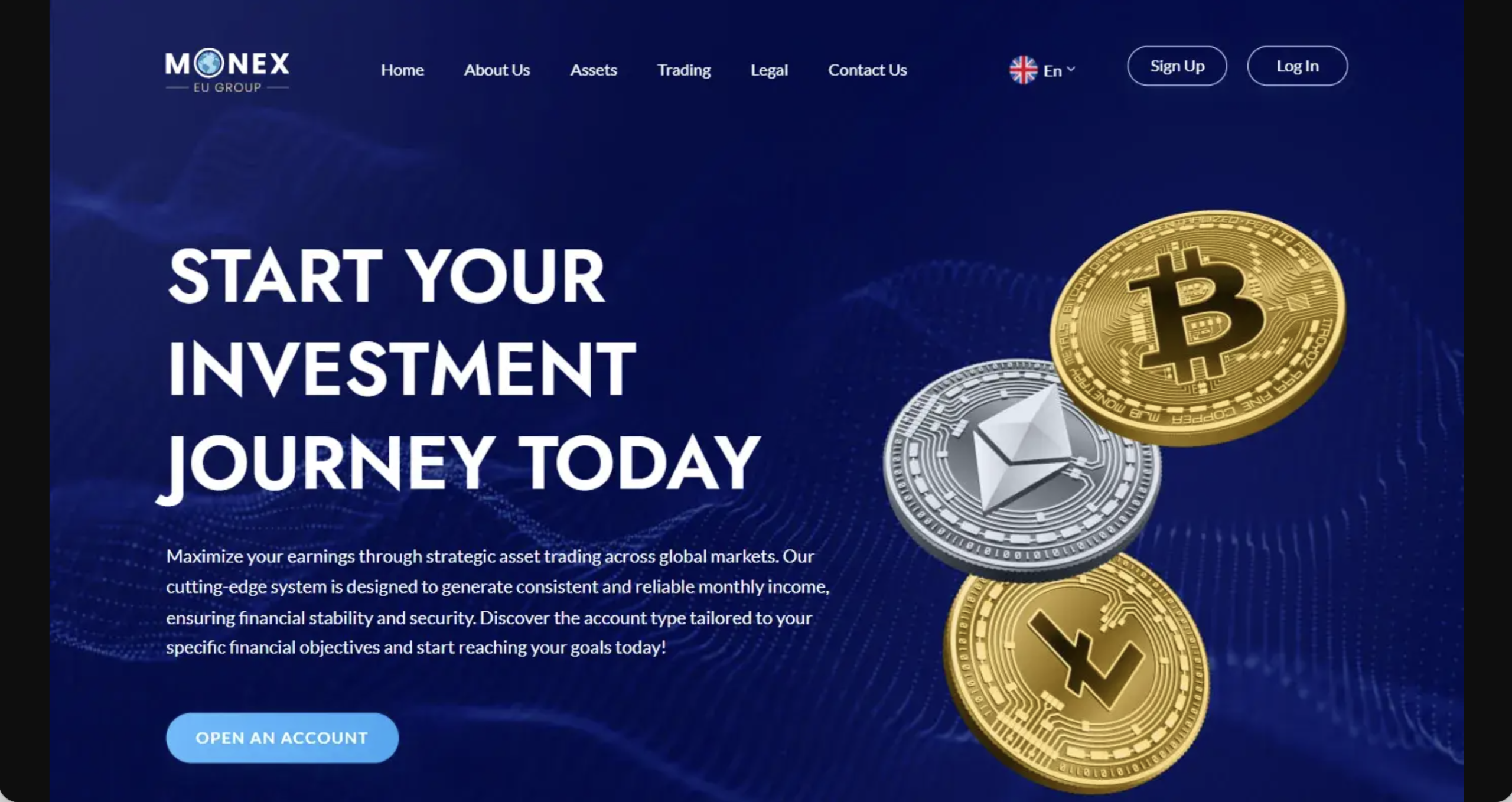 Screenshot of the fraudulent trading platform Monex EU Group, showcasing its misleading marketing.