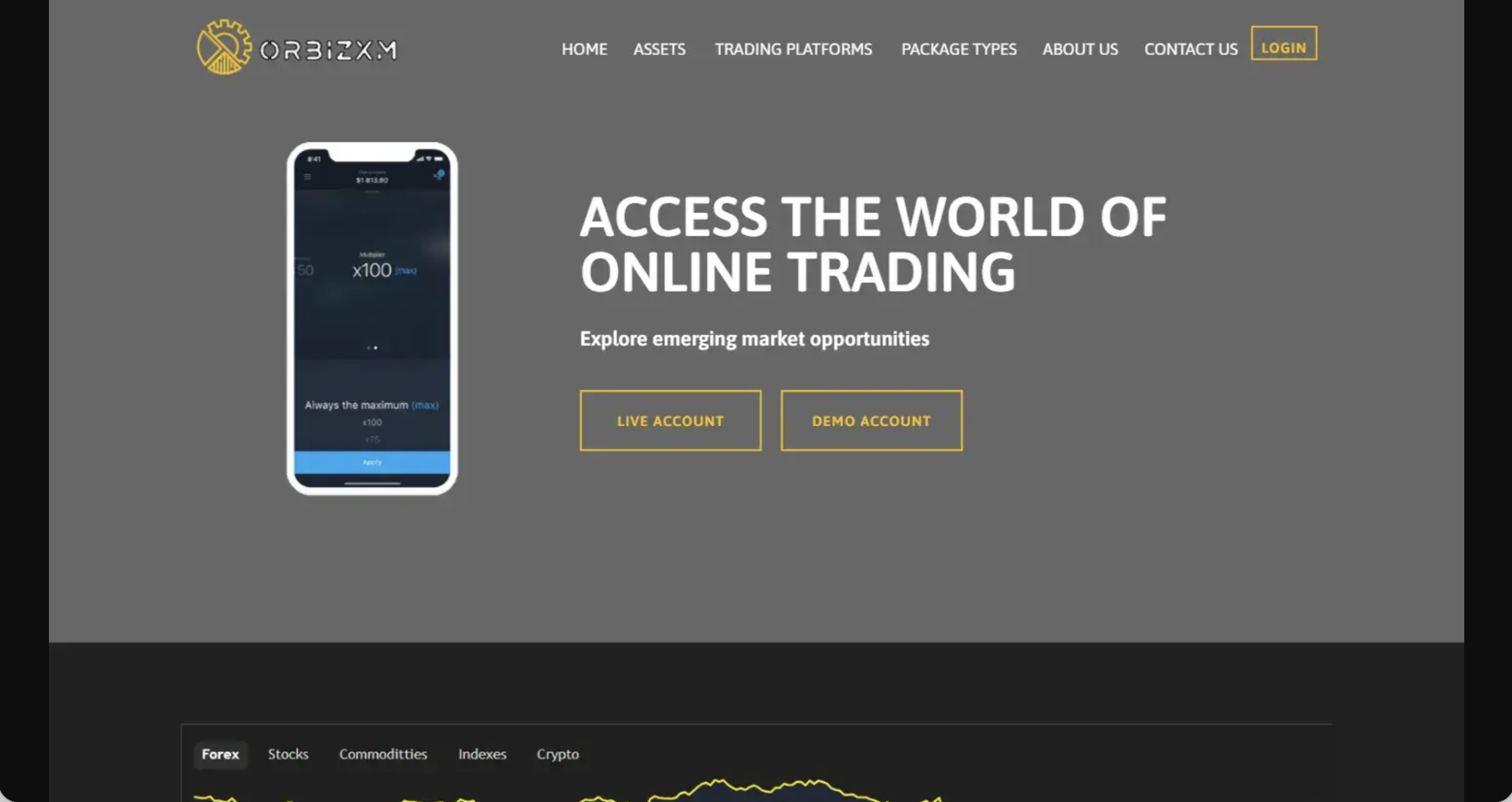 Screenshot of the fraudulent trading platform Orbizxm, showcasing its misleading marketing.