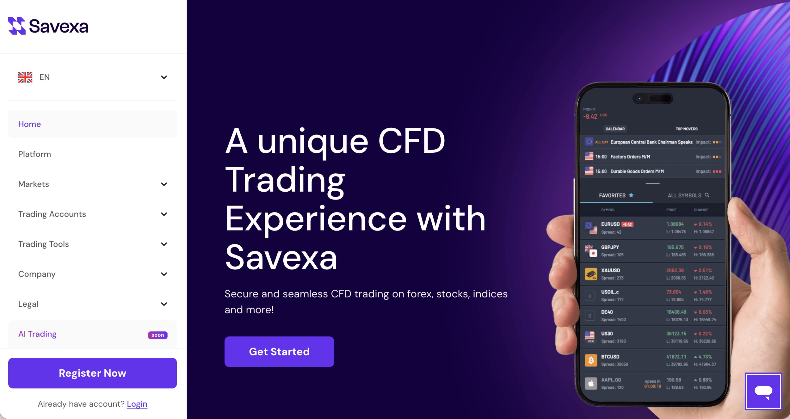 Screenshot of the fraudulent trading platform Savexa, showcasing its misleading marketing