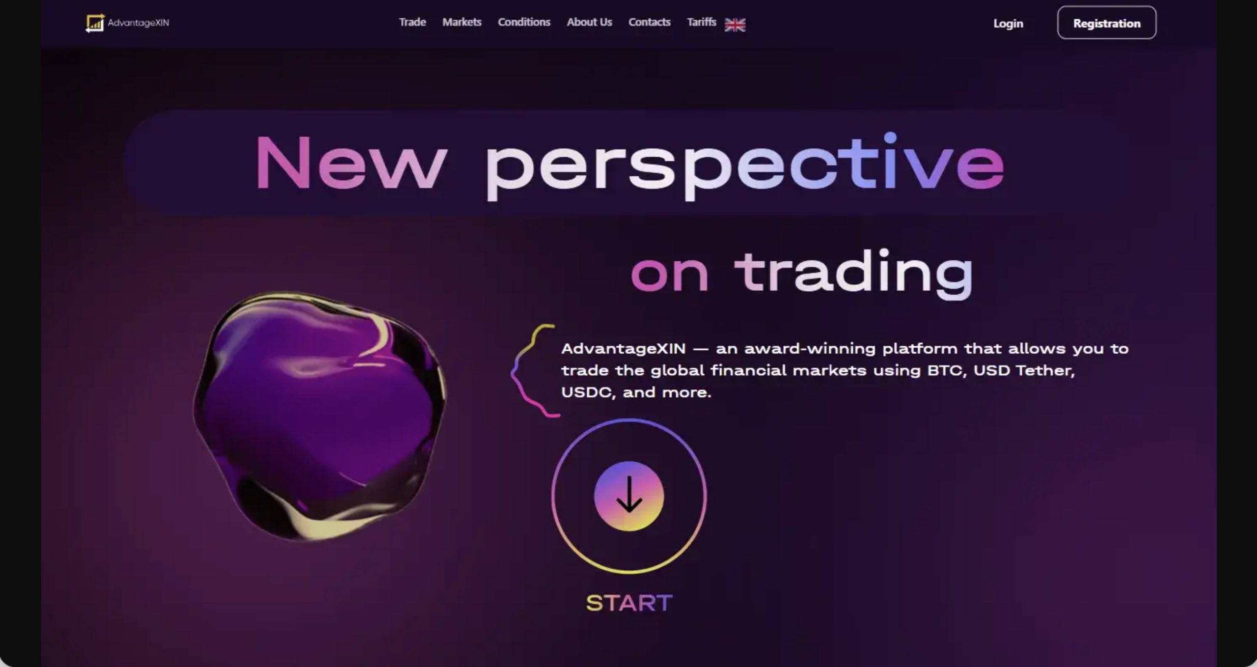 Screenshot of the fraudulent trading platform AdvantageXIN, showcasing its misleading marketing. 