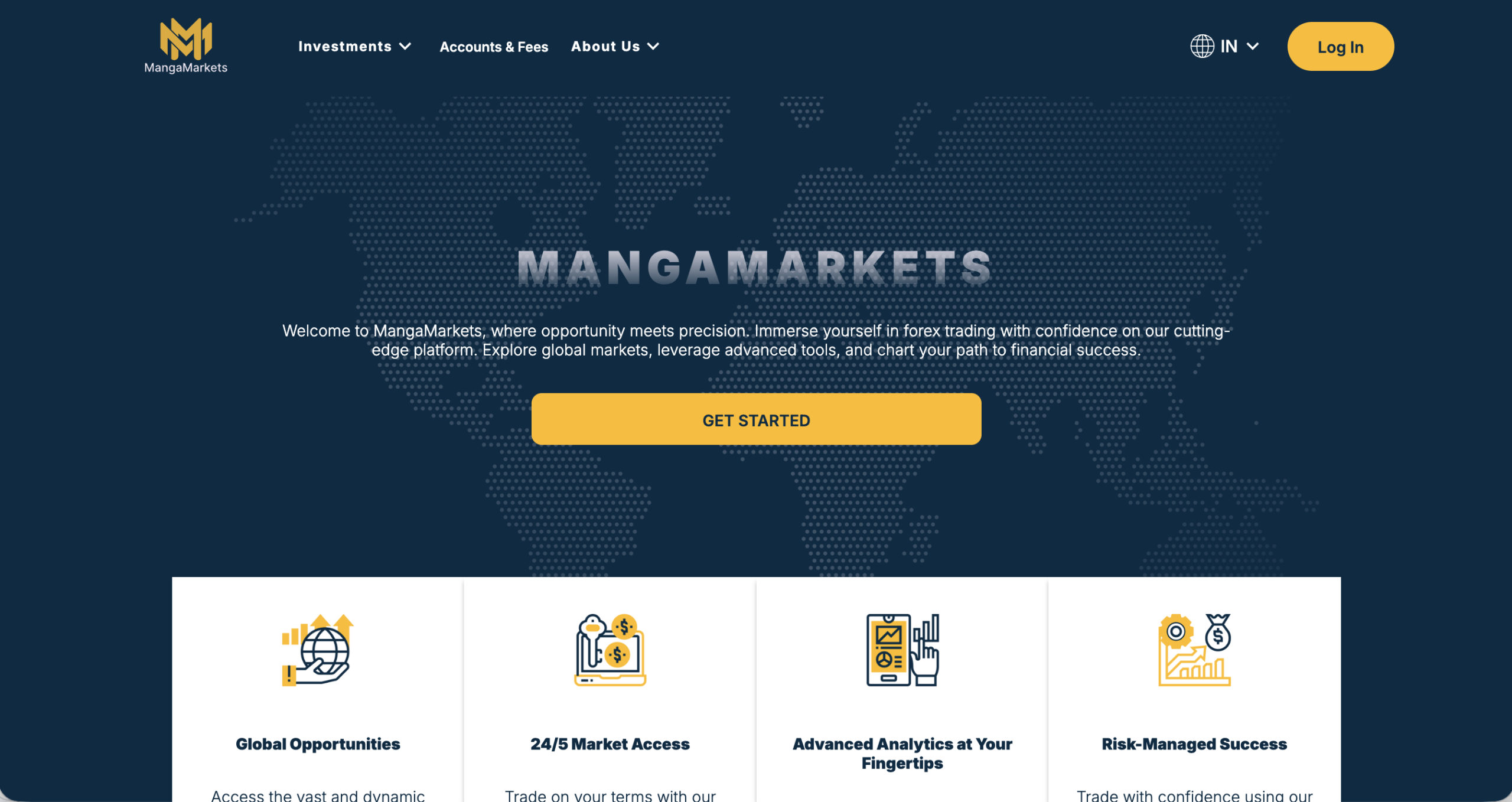 Screenshot of the fraudulent trading platform Manga Markets , showcasing its misleading marketing.