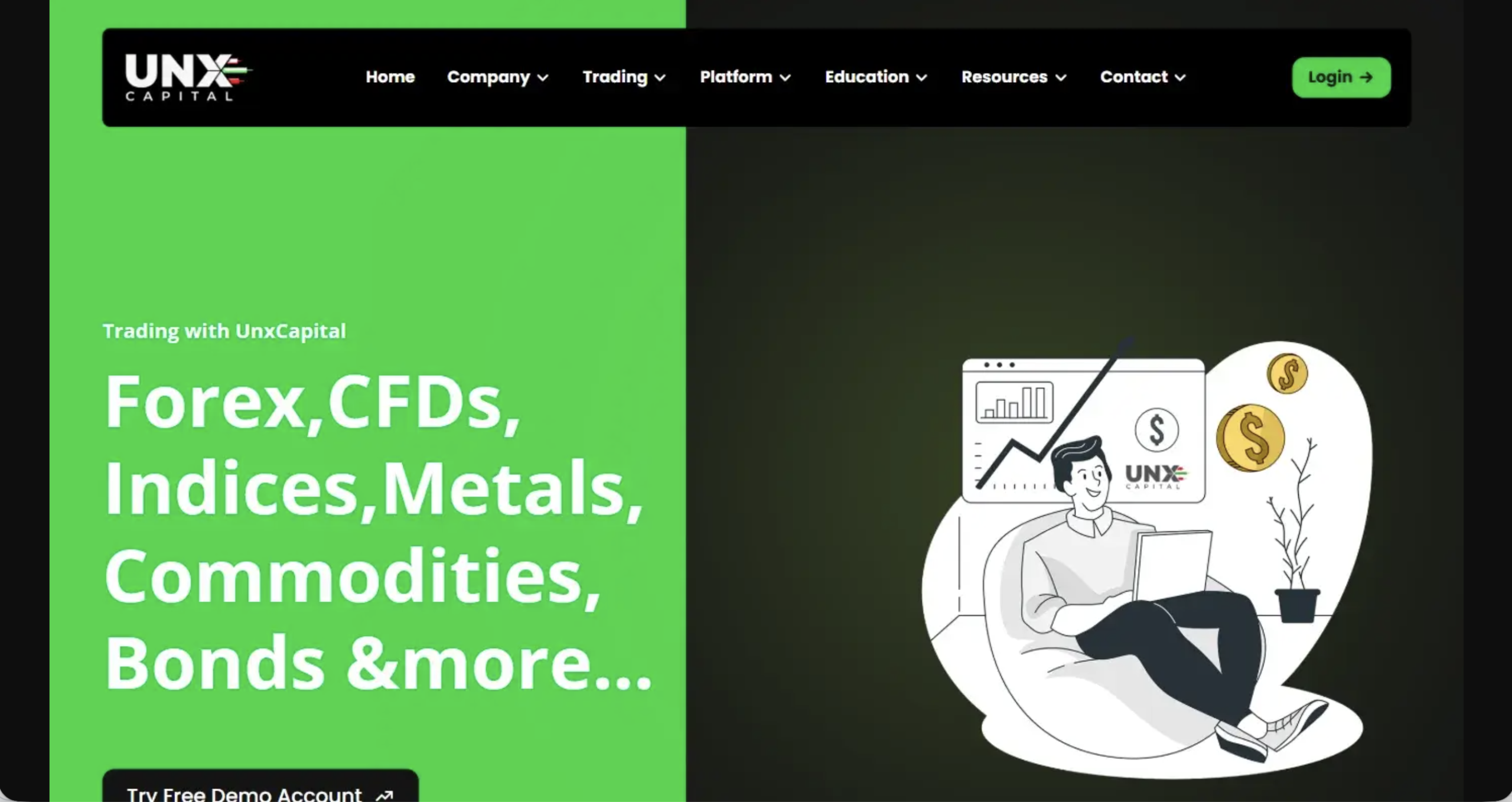 Screenshot of the fraudulent trading platform UnxCapital, showcasing its misleading marketing. 