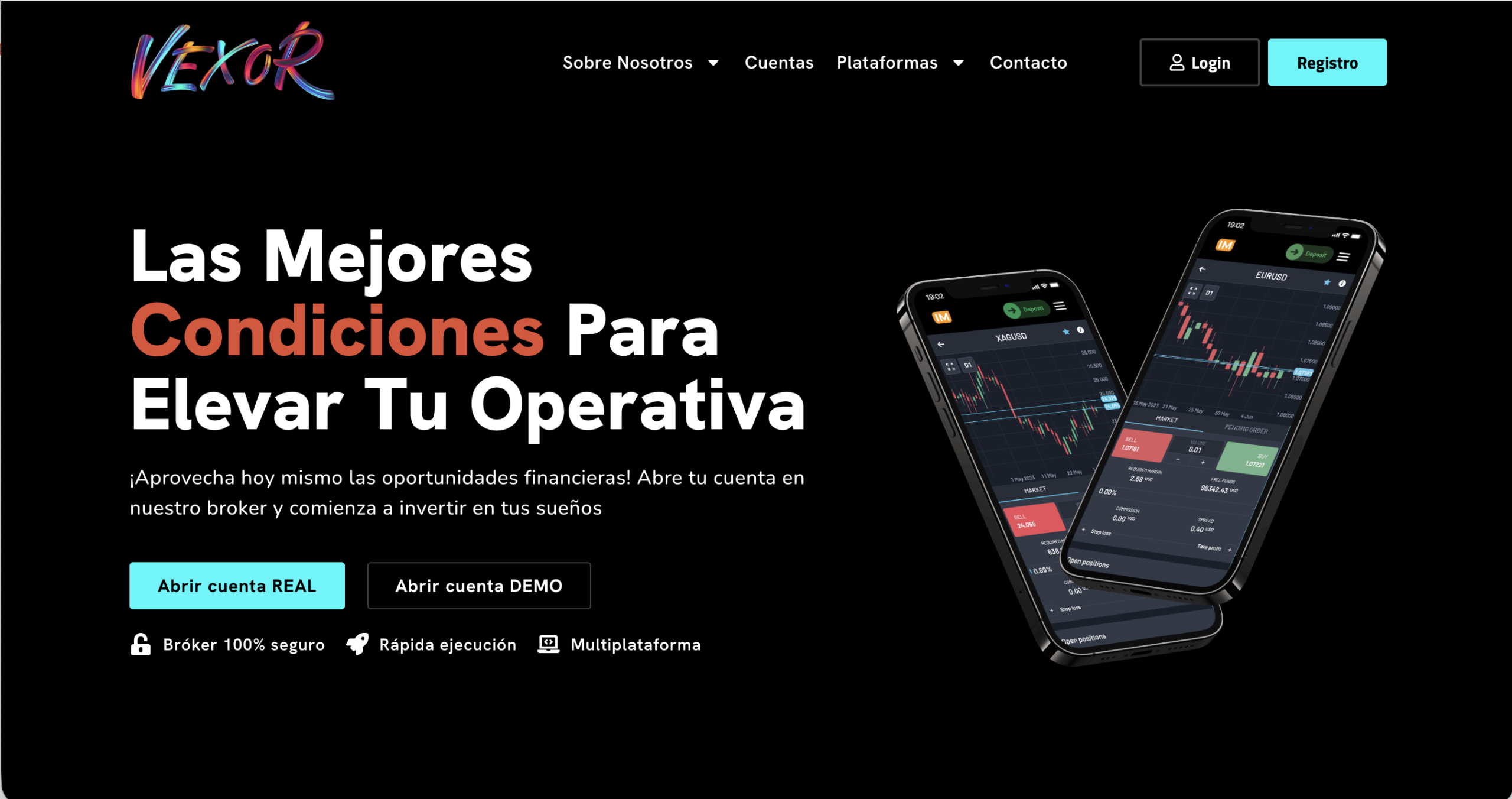 Screenshot of the fraudulent trading platform Vexor, showcasing its misleading marketing.