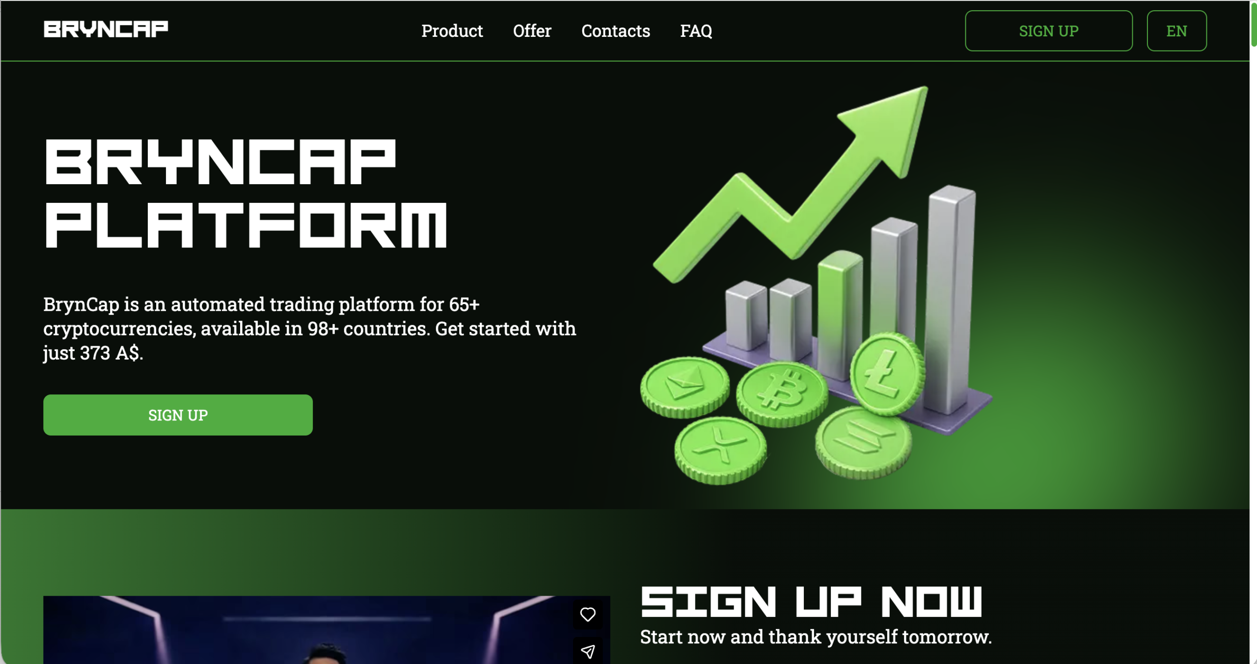 Screenshot of the fraudulent trading platform BrynCap, showcasing its misleading marketing.