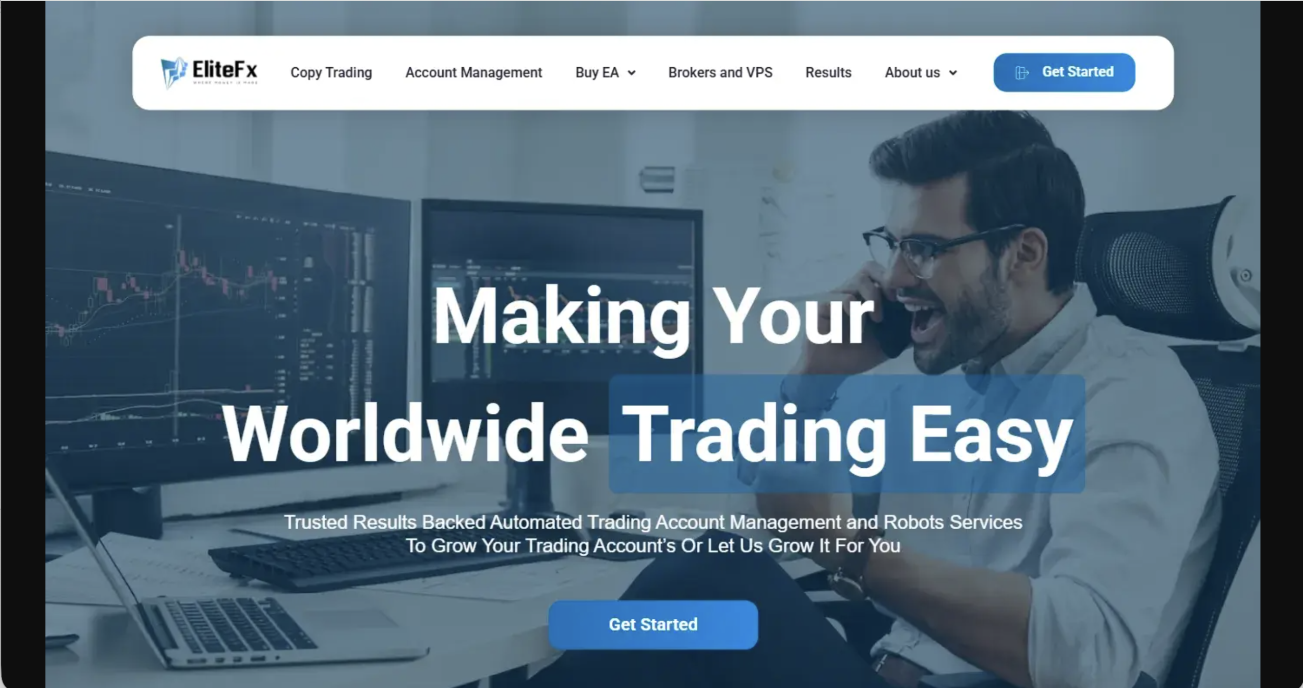 Screenshot of the fraudulent trading platform Elitefxgo, showcasing its misleading marketing.