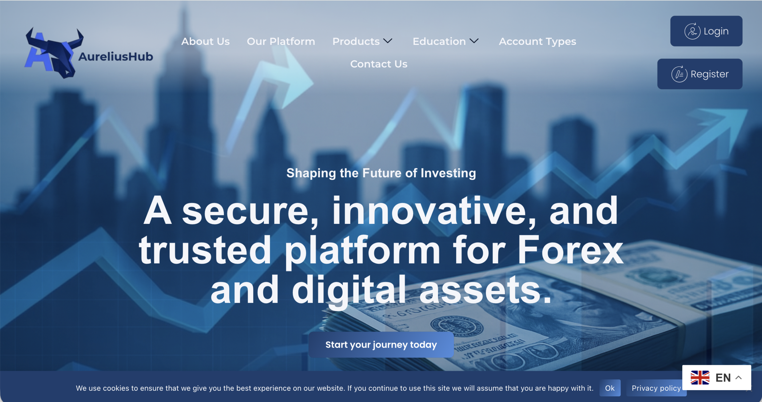Screenshot of the fraudulent trading platform Aurelius Hub, showcasing its misleading marketing.