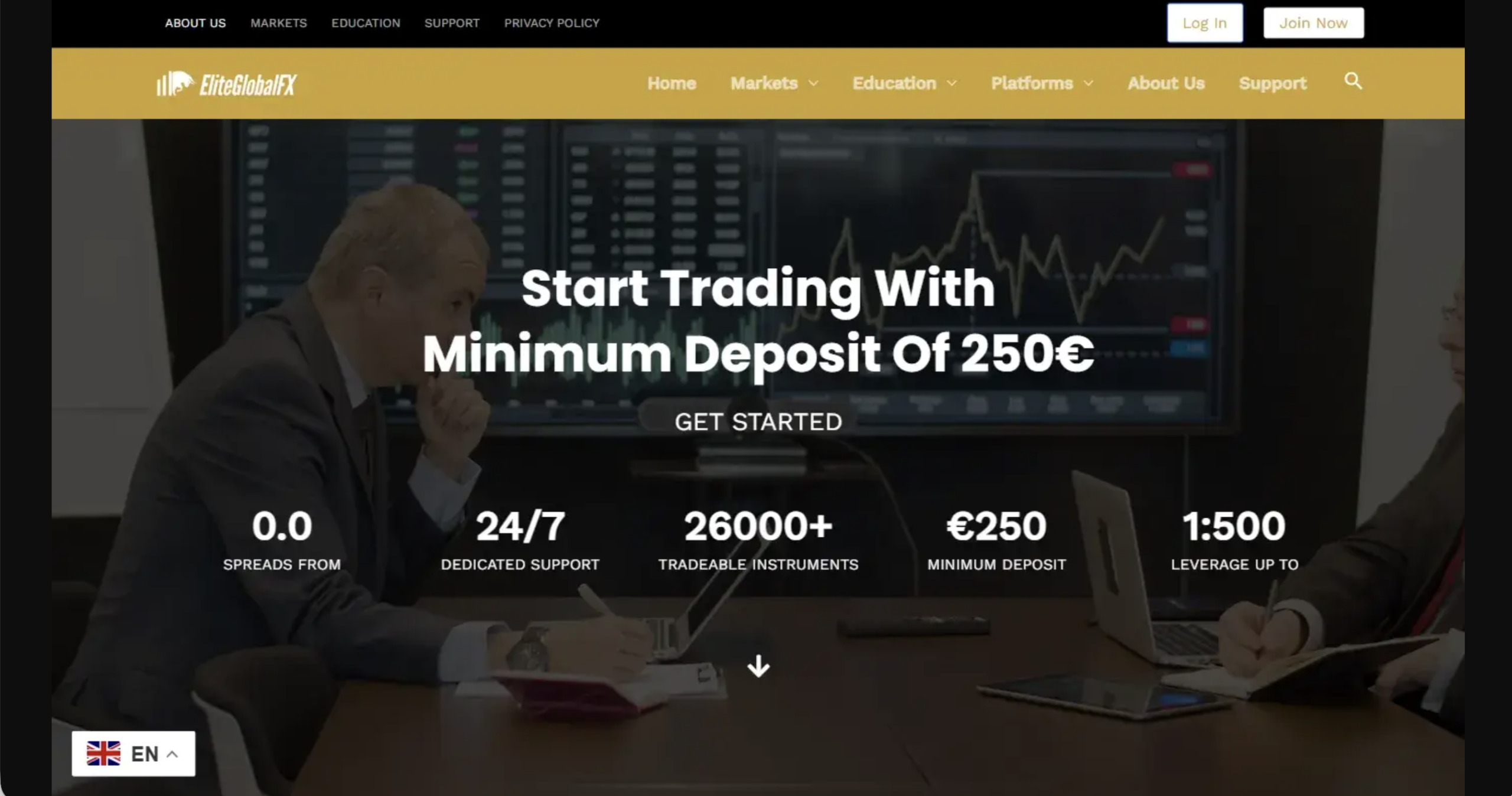 Screenshot of the fraudulent trading platform EliteGlobalFx, showcasing its misleading marketing.