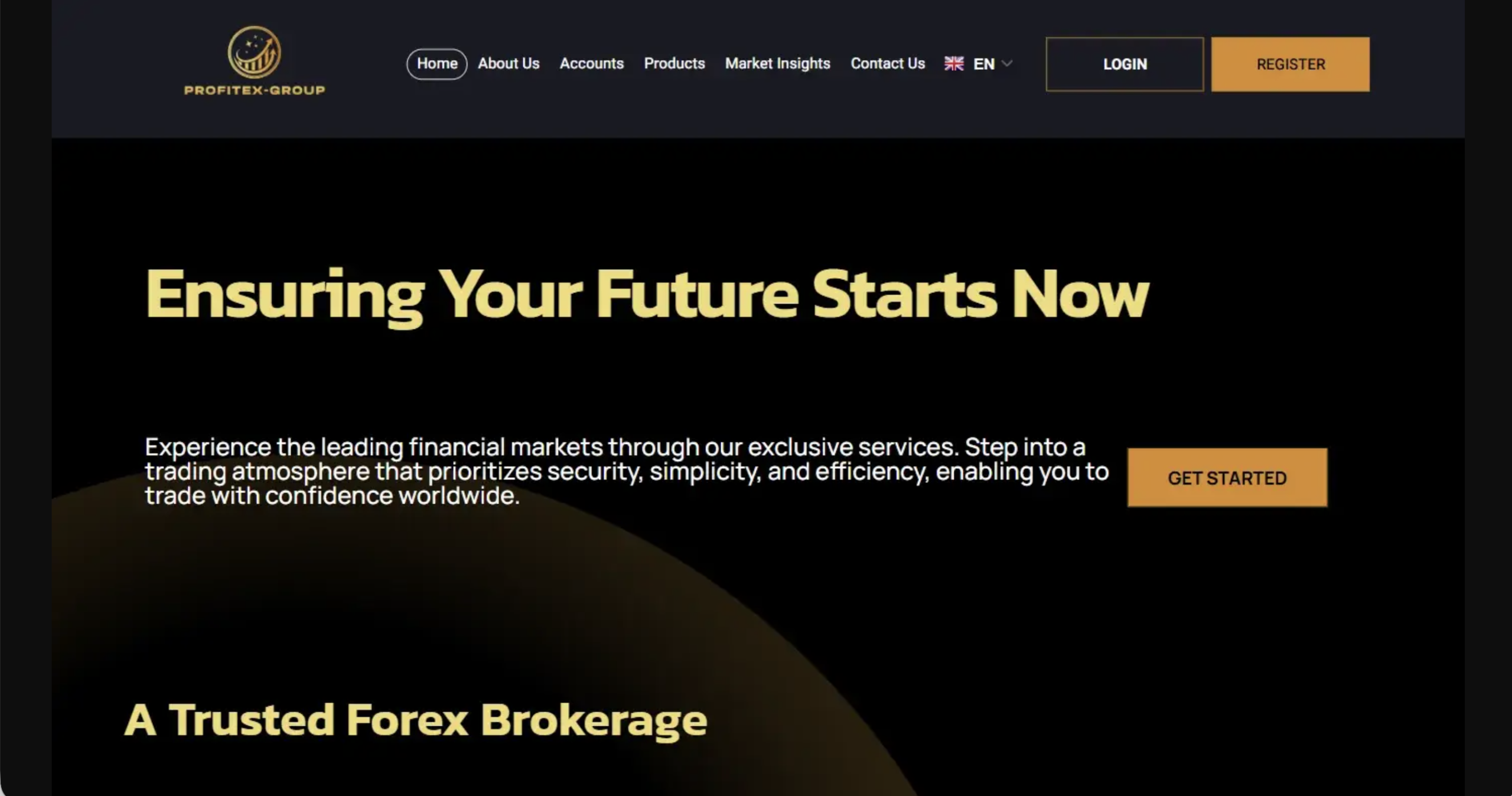 Screenshot of the fraudulent trading platform Profitex-Group, showcasing its misleading marketing