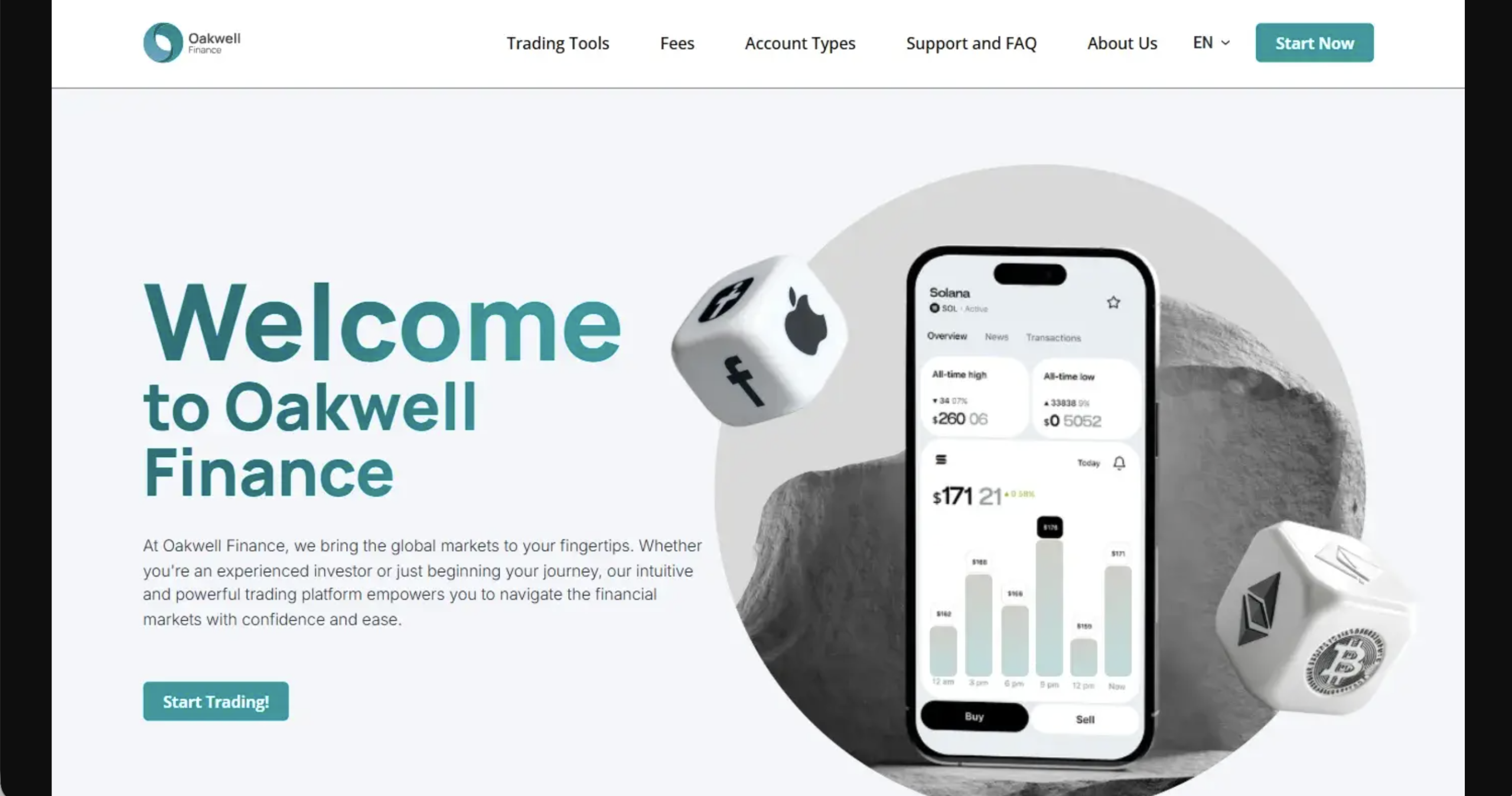 Screenshot of the fraudulent trading platform Oakwell Finance, showcasing its misleading marketing.