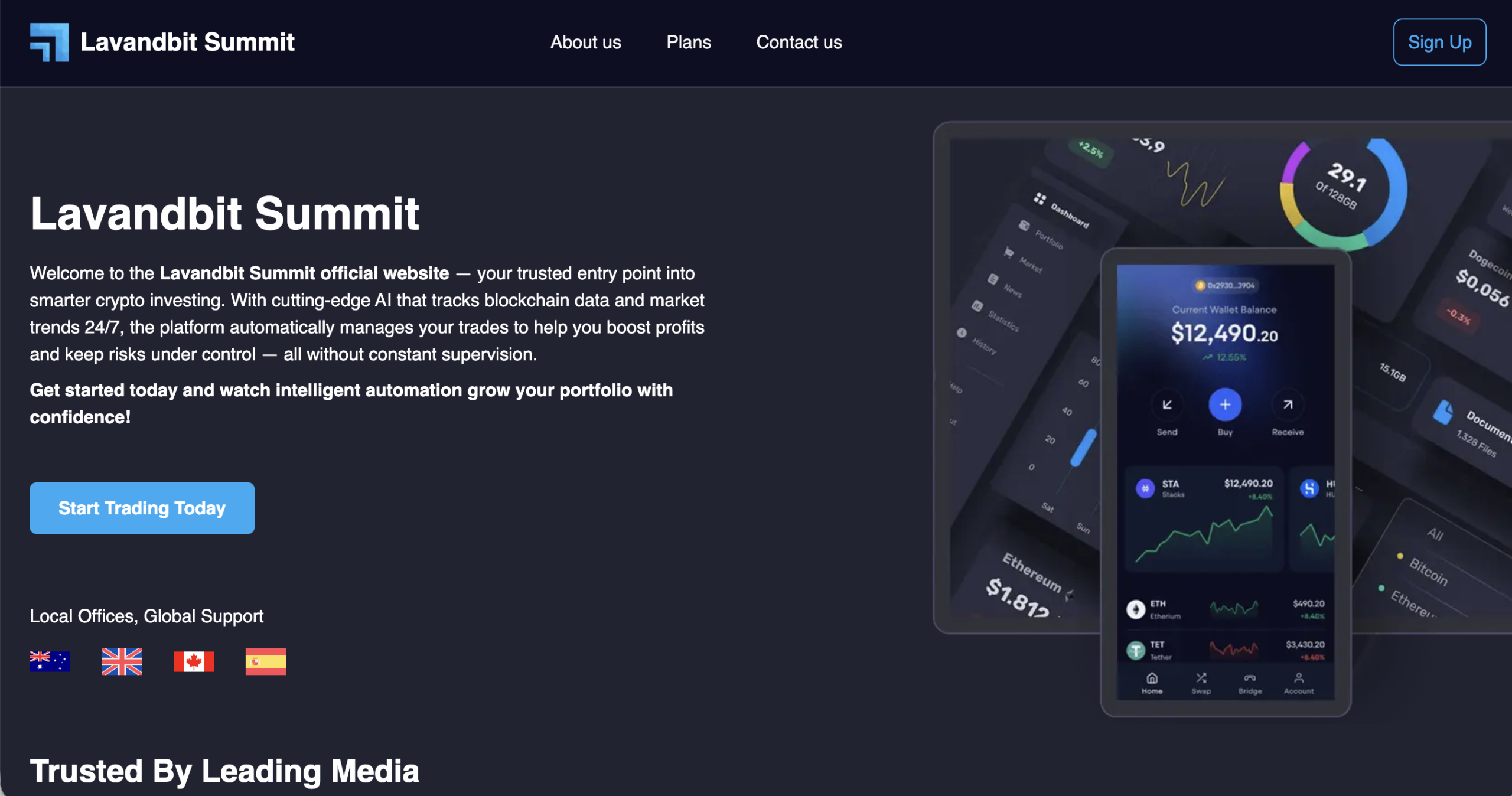 Screenshot of the fraudulent trading platform Lavandbit Summit Finance, showcasing its misleading marketing.